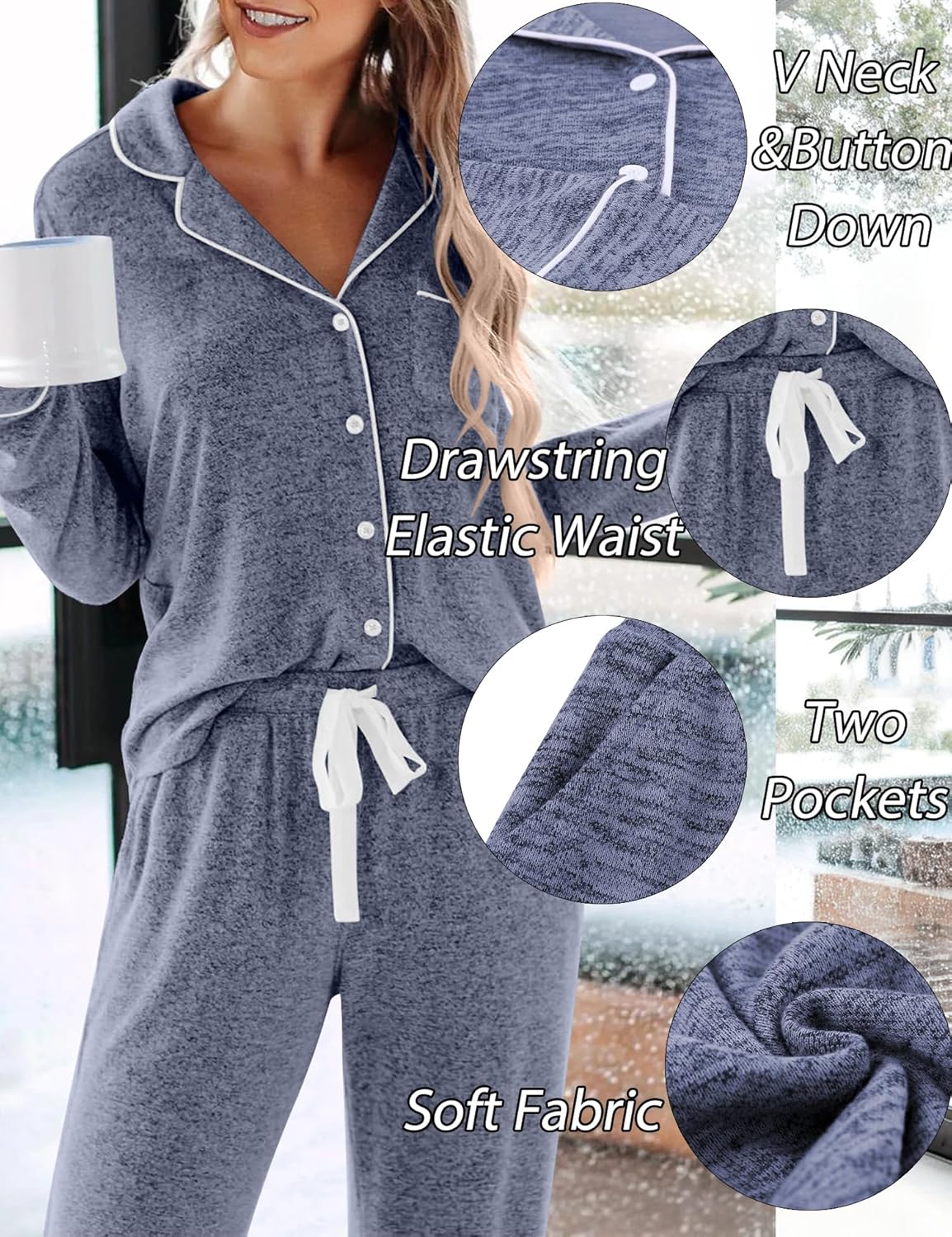 SWOMOG Women's Pajama Sets Long Sleeve Button Down Sleepwear 2 Piece PJs Soft Lounge Sets with Pockets S-XXL - Image 3