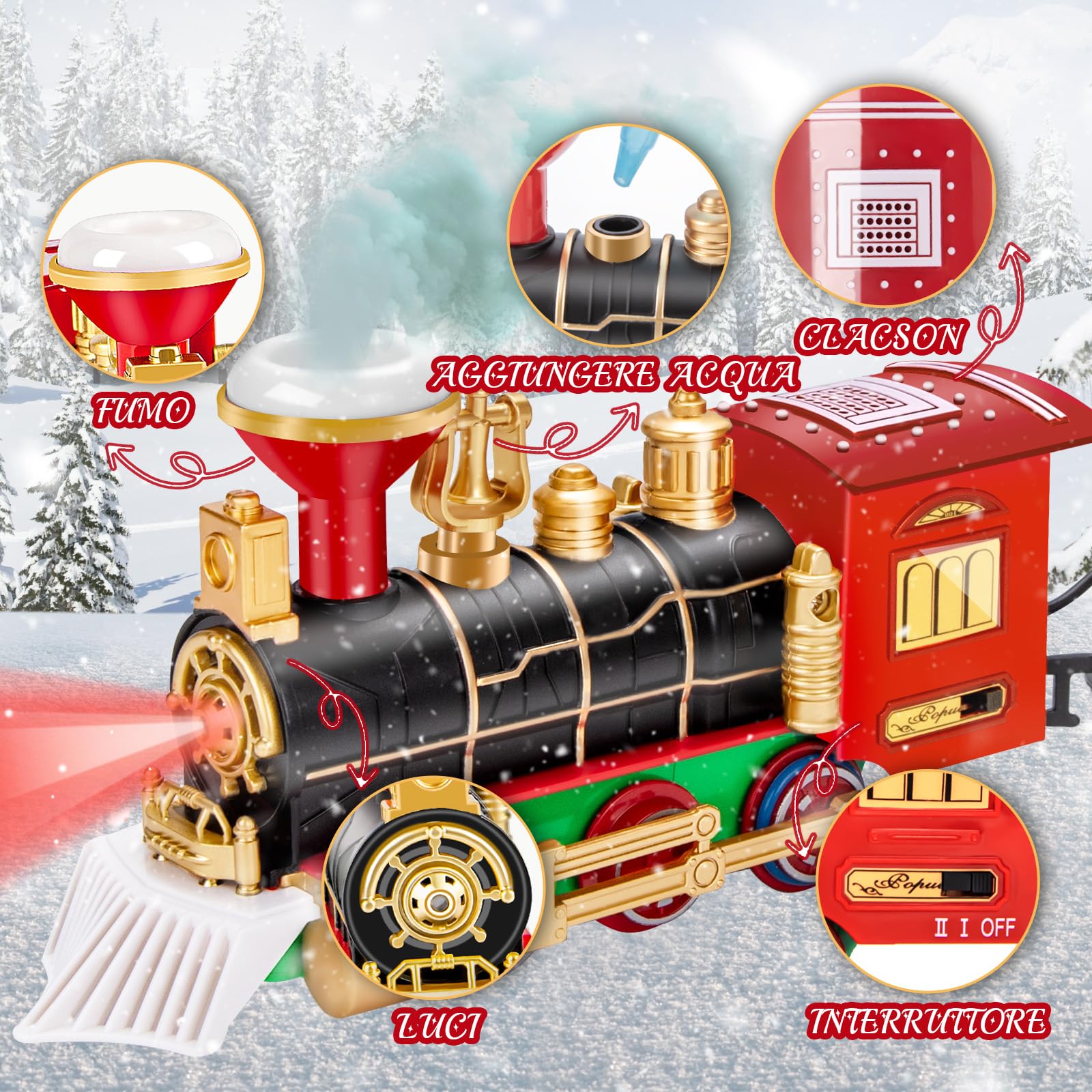 Buzzoxerex Trenino Albero di Natale, Trenino Elettrico Natalizio, Treno per Albero di Natale con Luci a LED Blu, Suoni e Effetto Fumo, Treno Elettrico per Bambini e Famiglia