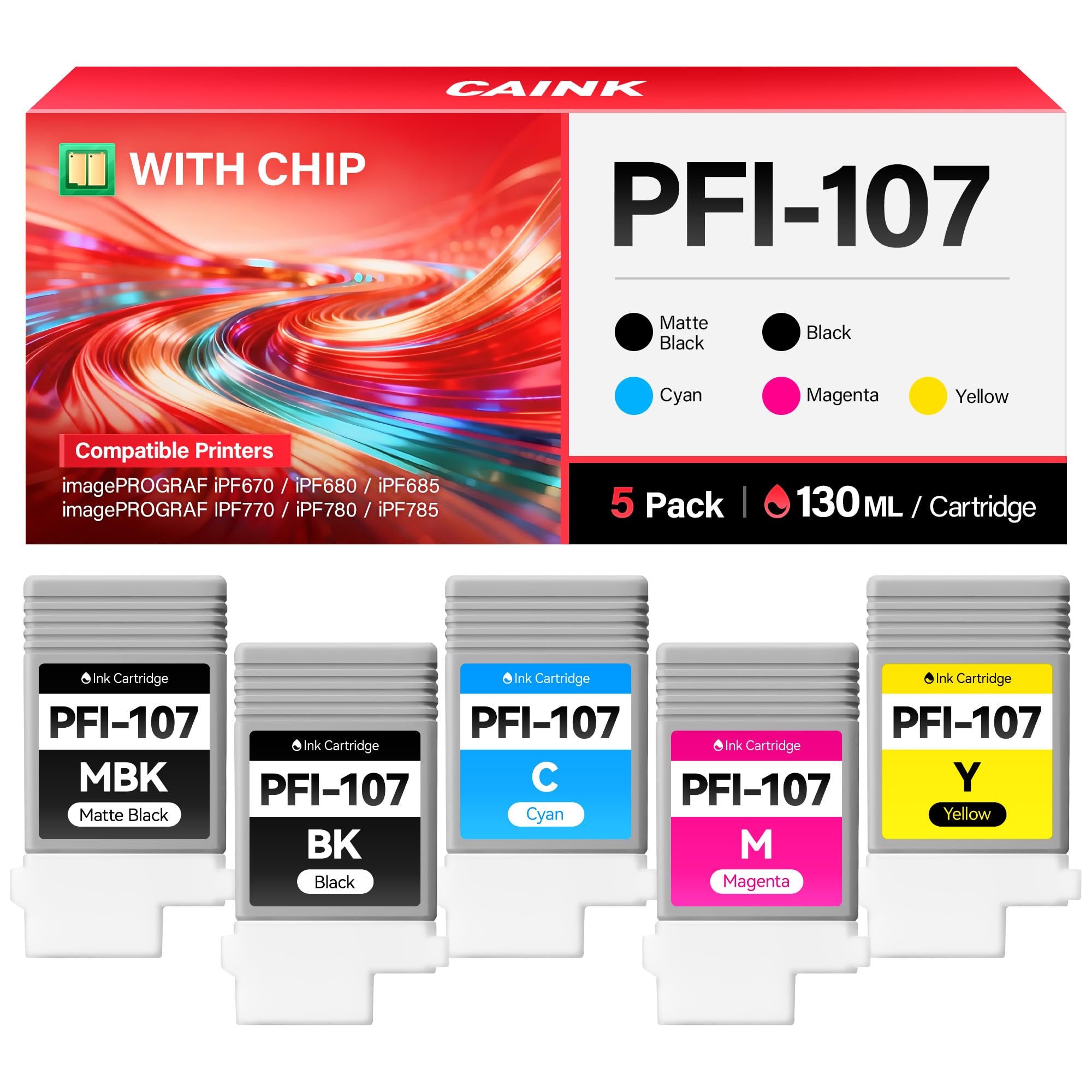PFI-107 Ink Tank Set 5-Pack 130ml High Capacity Replacement for Canon PFI-107 PFI107 Ink Cartridges Compatible with Canon Color imagePROGRAF iPF670 iPF680 iPF685 iPF770 iPF780 iPF785 Inkjet Printer