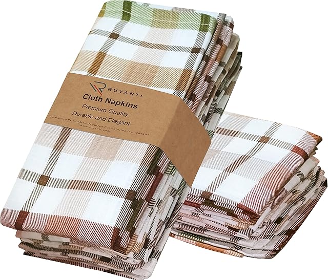Ruvanti Cloth Napkins 12 Pack 20X20 Inch Dinner Table Napkins, Soft & Comfortable 100% Cotton Brown Multi Check Reusable Linen Napkins for Christmas/Dinners/Weddings/Bar/Cocktail Parties.