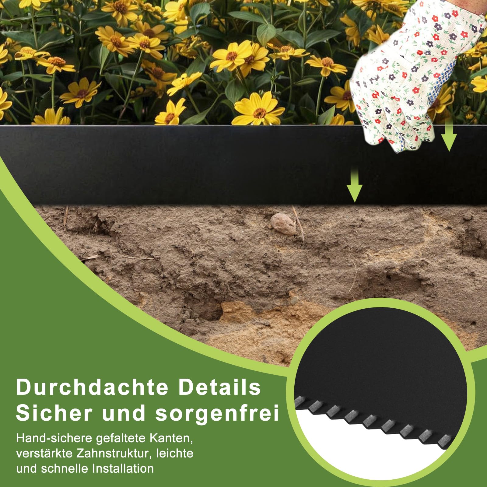 ACXIN Metall Rasenkante 15 cm hoch, verzinkte Oberfläche, Vielseitige Beeteinfassung für Rindenmulch, als Mähkante oder Baumring, Robust, Flexibel und Schnell zu Installieren(Schwarz, 20M)
