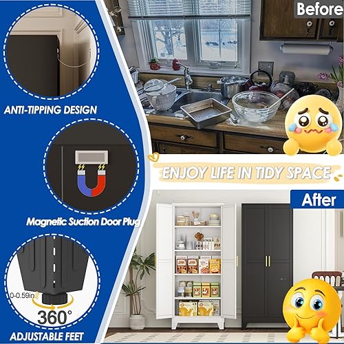 Miniatura 66 de Armario de almacenamiento de metal de 71 pulgadas de alto con 2 puertas y 4 estantes ajustables, armario de despensa de cocina, armario Blanco