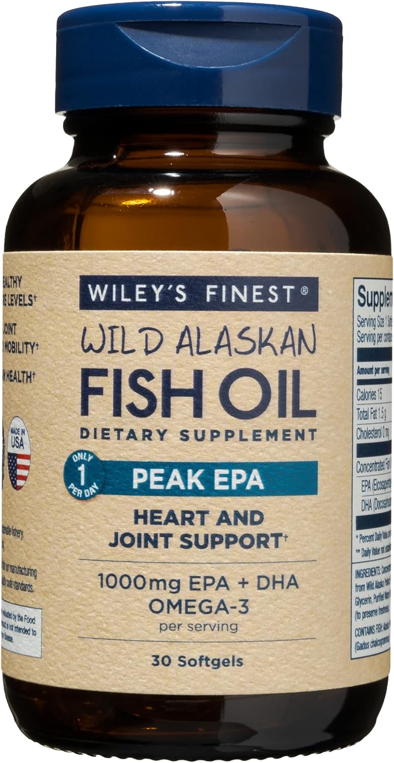 Wiley’s Finest Peak EPA 1000mg EPA + DHA Omega-3 Per Capsule – High Potency Wild Alaskan Fish Oil IFOS Certified Fish Gelatin Capsules 30 Count