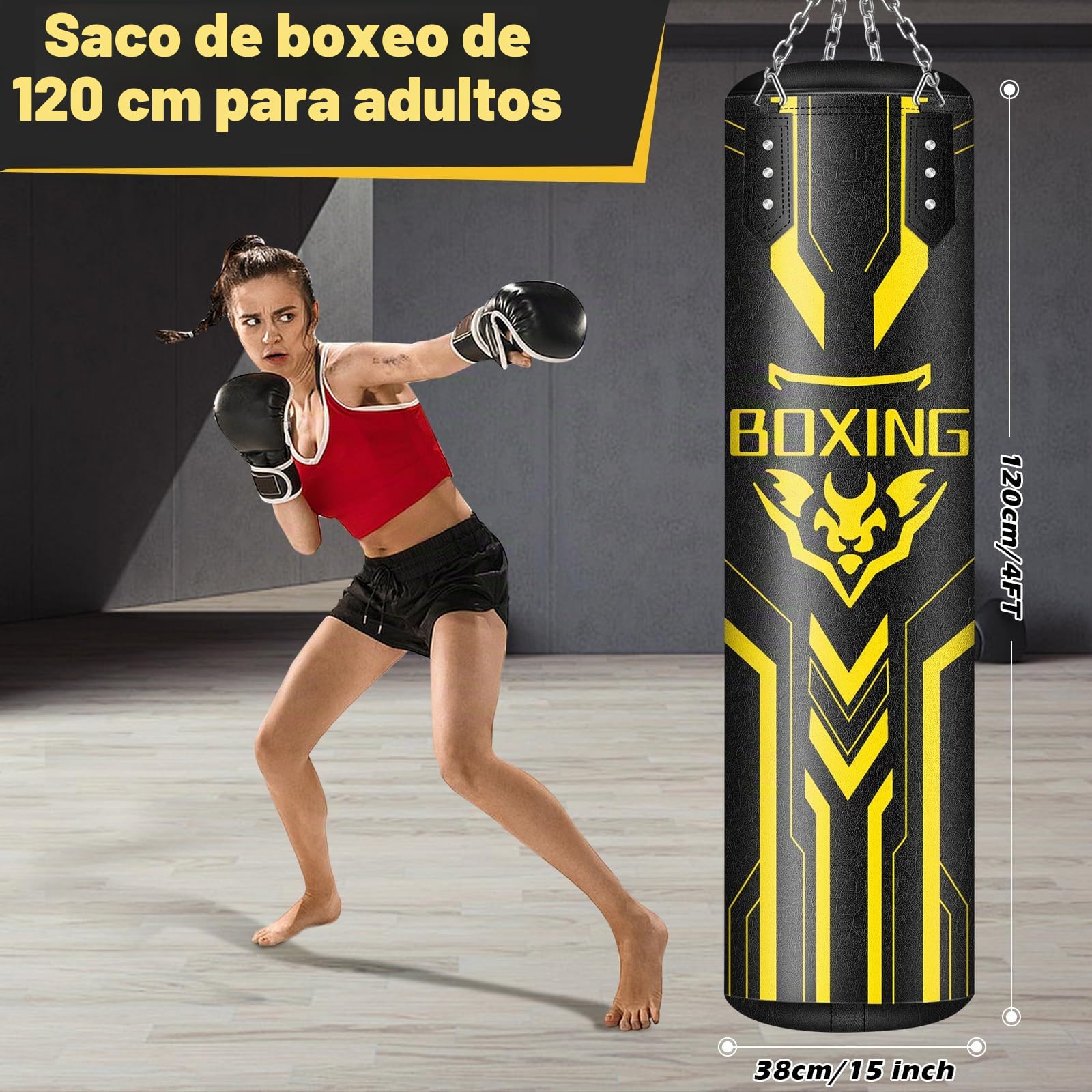 YORWHIN Saco de Boxeo Colgante para Adultos, 4 pies de Poliuretano Pesado con Gancho de Techo de Cadena, Equipo de Entrenamiento de Boxeo para Entrenamiento, Muay Thai, Karate, Kickboxing, Taekwondo
