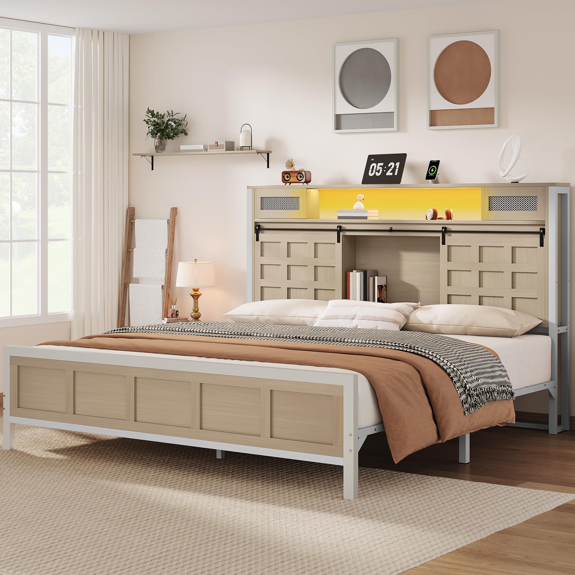 YITAHOME Farmhouse Bed Frame King Size with Storage Bookcase Headboard, Wooden Queen Bed Frame with Charging Station & Led Light, Platform Bed Frame