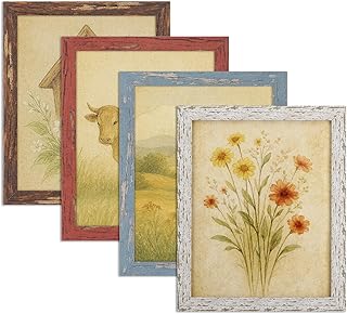 puthiac 8x10 Rustic Picture Frames, Farmhouse Distressed Wood Frame, Vintage Gallery Wall Photo Collage, Shatterproof Acrylic, Wall & Tabletop, Vertical/Horizontal, Vintage Art Prints, Set of 4