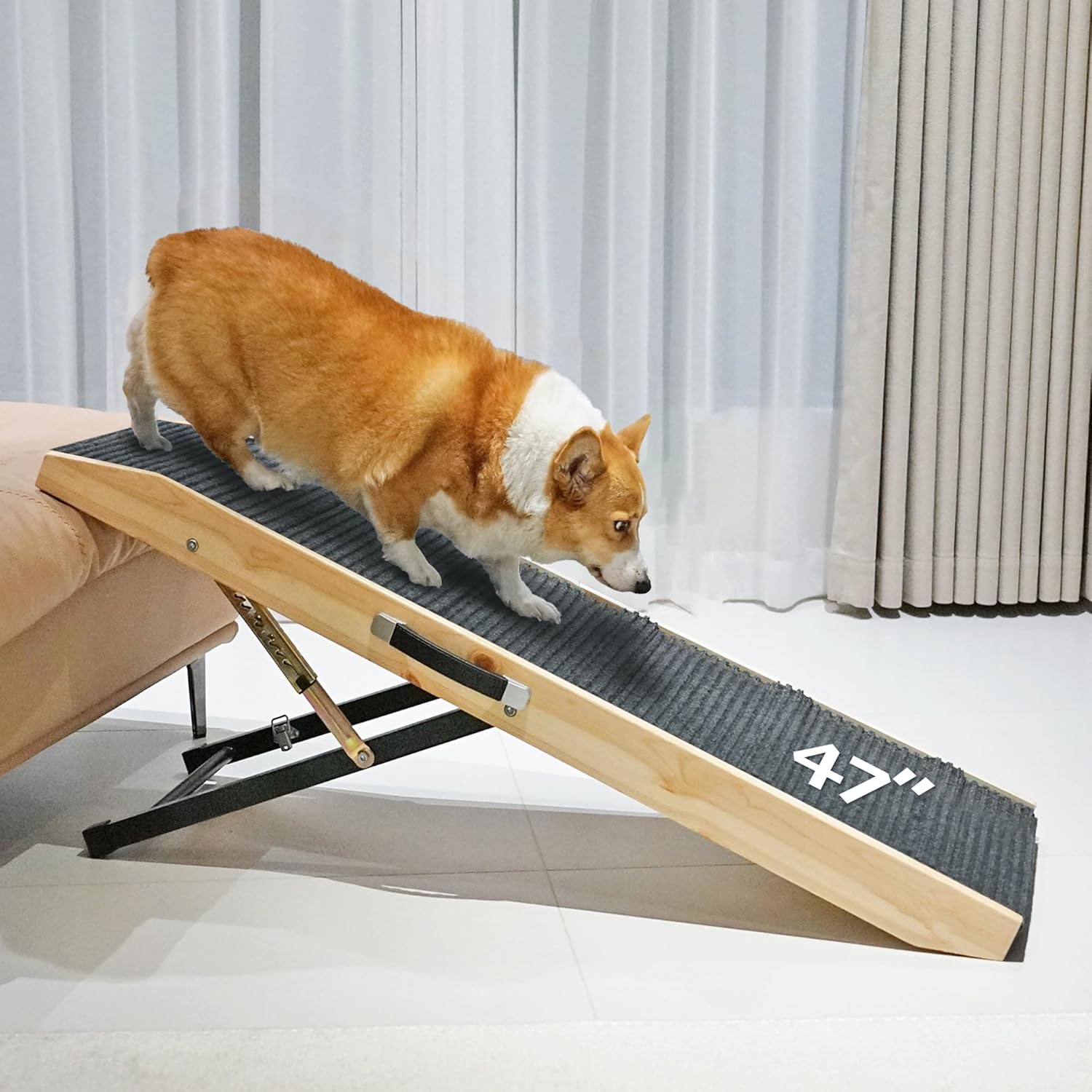 PETKARAY Dog Ramp for Bed, Stepless Adjustment Dog Ramp for Couch, Folding Wooden Pet Ramp for Large Dogs, 47″ Long Adjustable Height 9″-24″, Natural