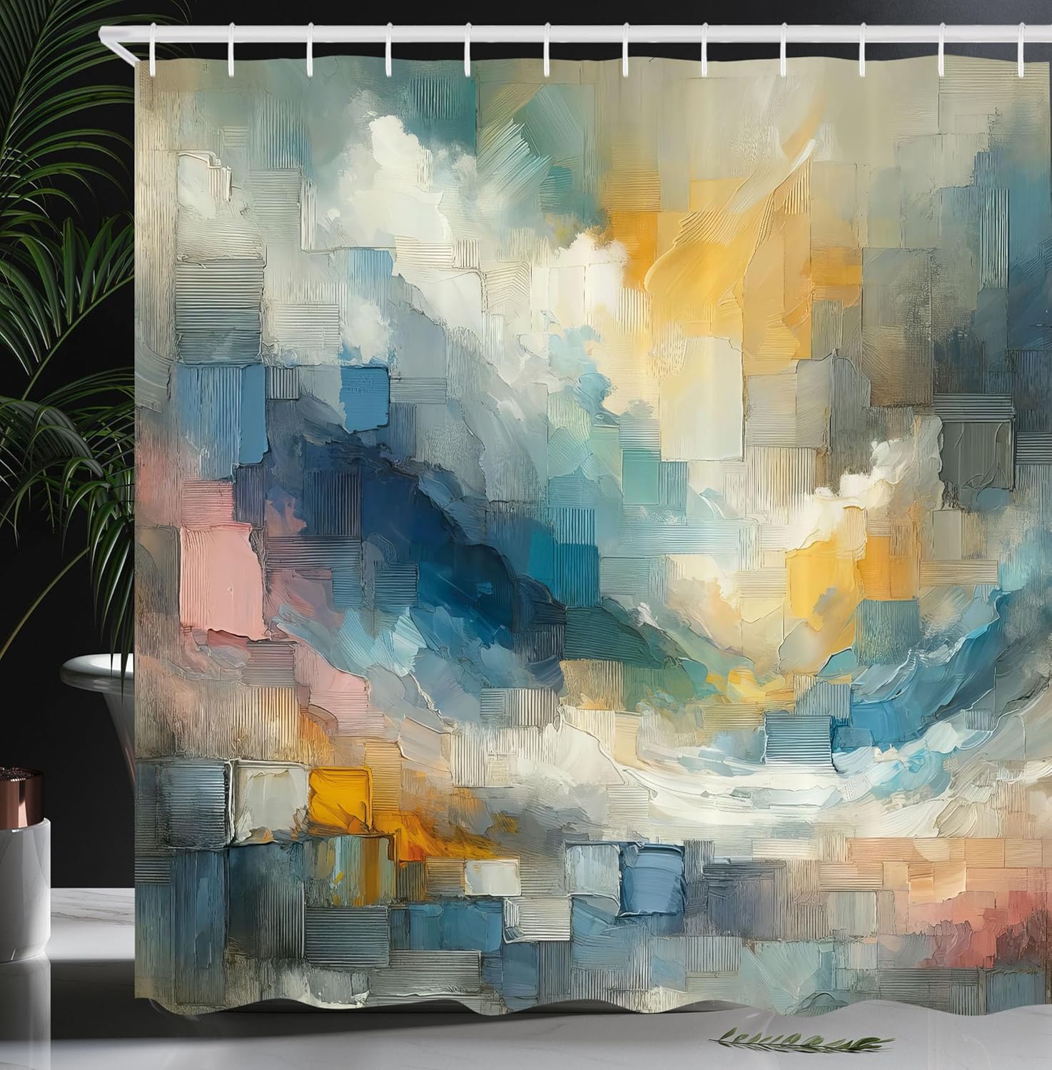 Ambesonne Modern Shower Curtain, Abstract Contemporary Design Oil Painting Look Strokes Print Bohemian, Cloth Fabric Bathroom Decor Set with Hooks, 69" W x 84" L, Blue Mustard Multicolor