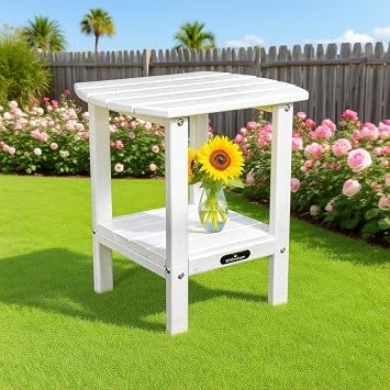 Adirondack Outdoor Side Table, 2-Tier Storage Patio Side Table, HDPE End Tables, Pool Composite Patio Table for Backyard Porch Garden Lawn White