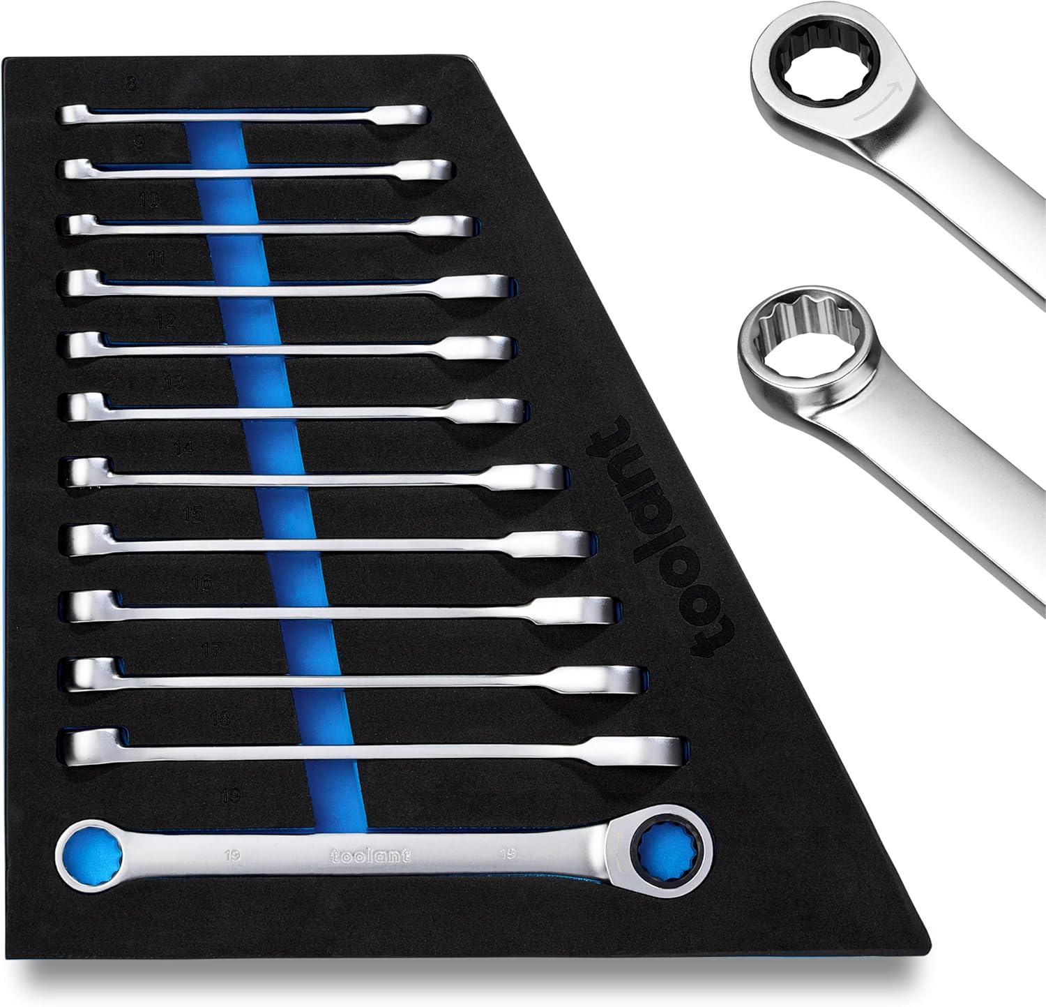 toolant 12pcs Ratcheting Wrench Set, Offset Head Double Box-End Ratcheting Wrench Set, 8-19mm Metric Set, 90-Tooth and 4° Swing, with Storage Tray