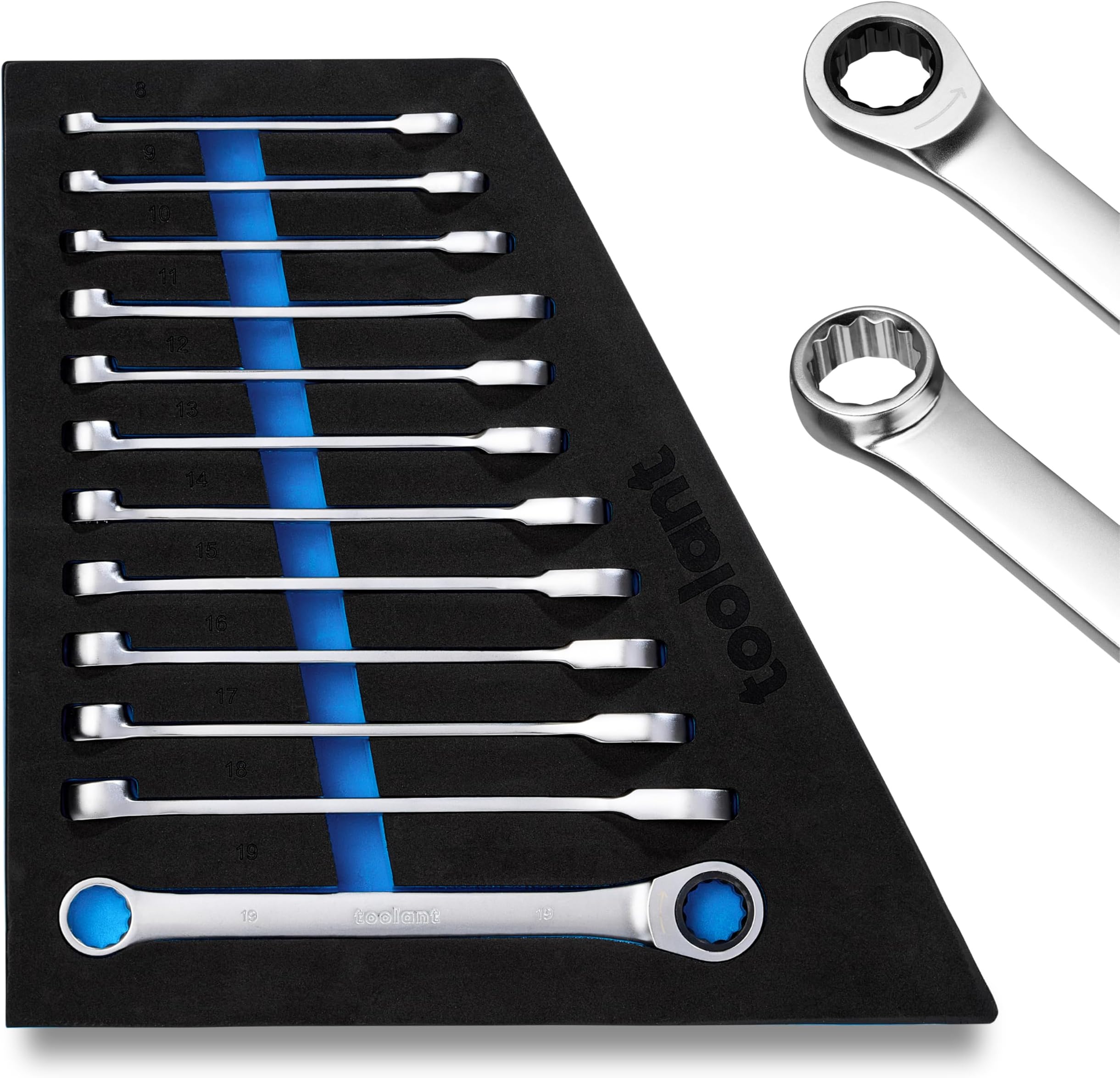 12pcs Ratcheting Wrench Set, Offset Head Double Box-End Ratcheting Wrench Set, 8-19mm Metric Set, 90-Tooth and 4° Swing, with Storage Tray