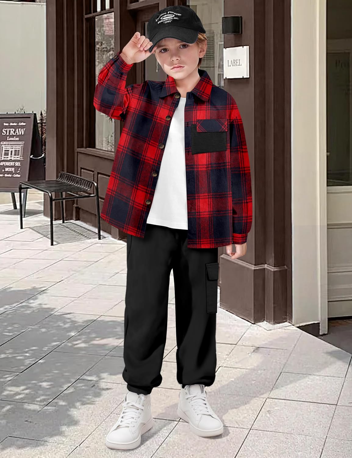 Queenstyle Toddler Boy Clothes 2Pcs Flannel Plaid Shirt and Sweatpants Outfits Fall Winter Boys Clothing for 3-8 Years