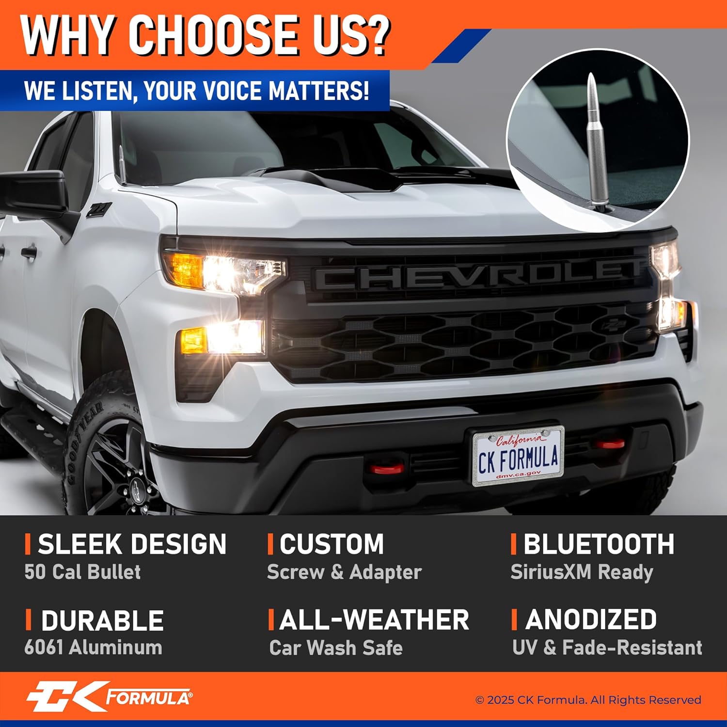 Silver Anodized 50 Cal Bullet Antenna for Chevy Silverado & GMC Sierra (1999–2026), Solid Billet Aluminum, Fade & Chip-Resistant, Car Wash Safe, Short Replacement Antenna, Exterior Truck Accessories