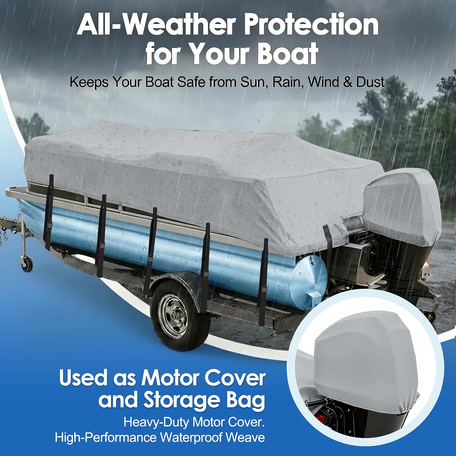 Pontoon Boat Cover 21-24 ft,900D Waterproof Boat Cover for Pontoon Boat, Heavy Duty Trailerable Pontoon Cover with Motor Cover,Fits 21', 22', 23' and 24' Pontoon Boats,16 Tie-Down Straps, Gray
