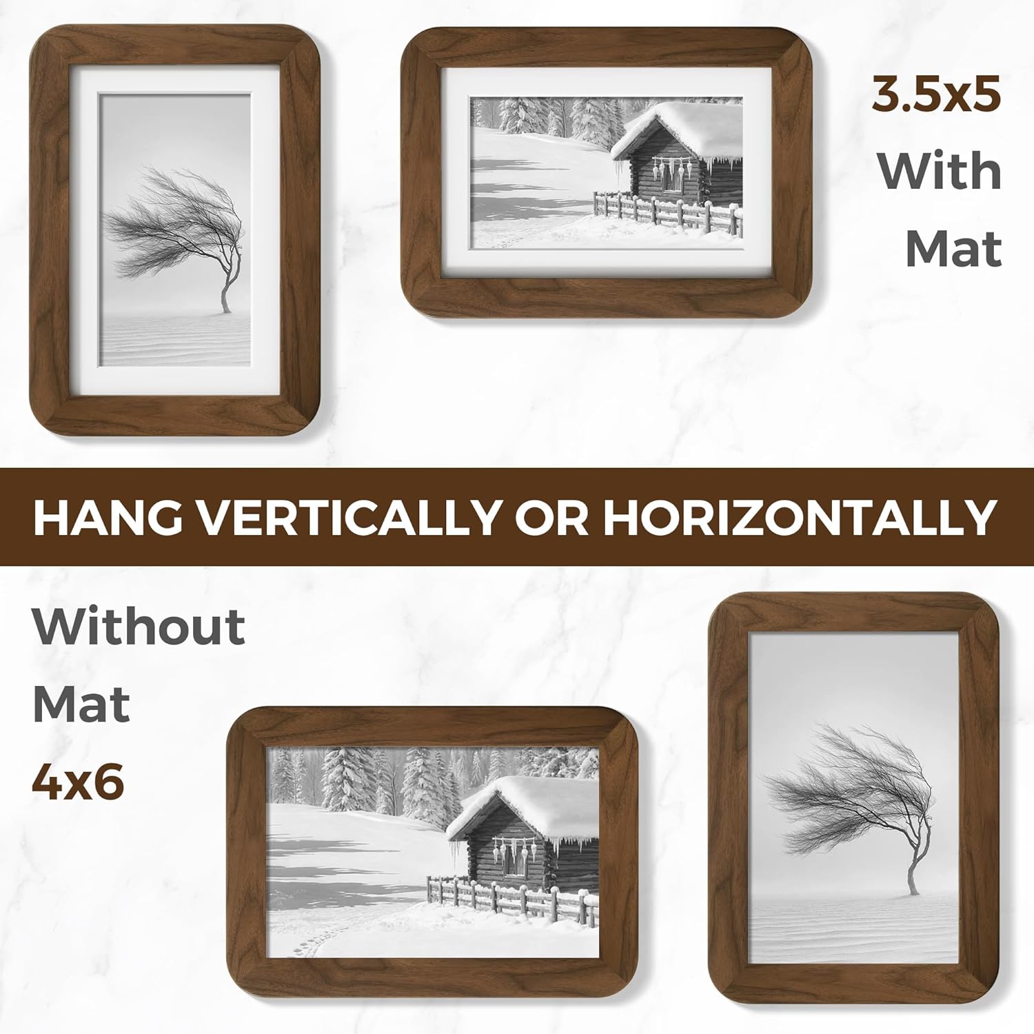 Fun Memories 4x6 Picture Frame 3 Pack, USA-Sourced Walnut Wood Frames 4 x 6 with Plexiglass, 4 by 6 Photo Frames for Wall & Tabletop Display, 4x6 Frame Matted to 3.5x5, Handcrafted Rounded Corner