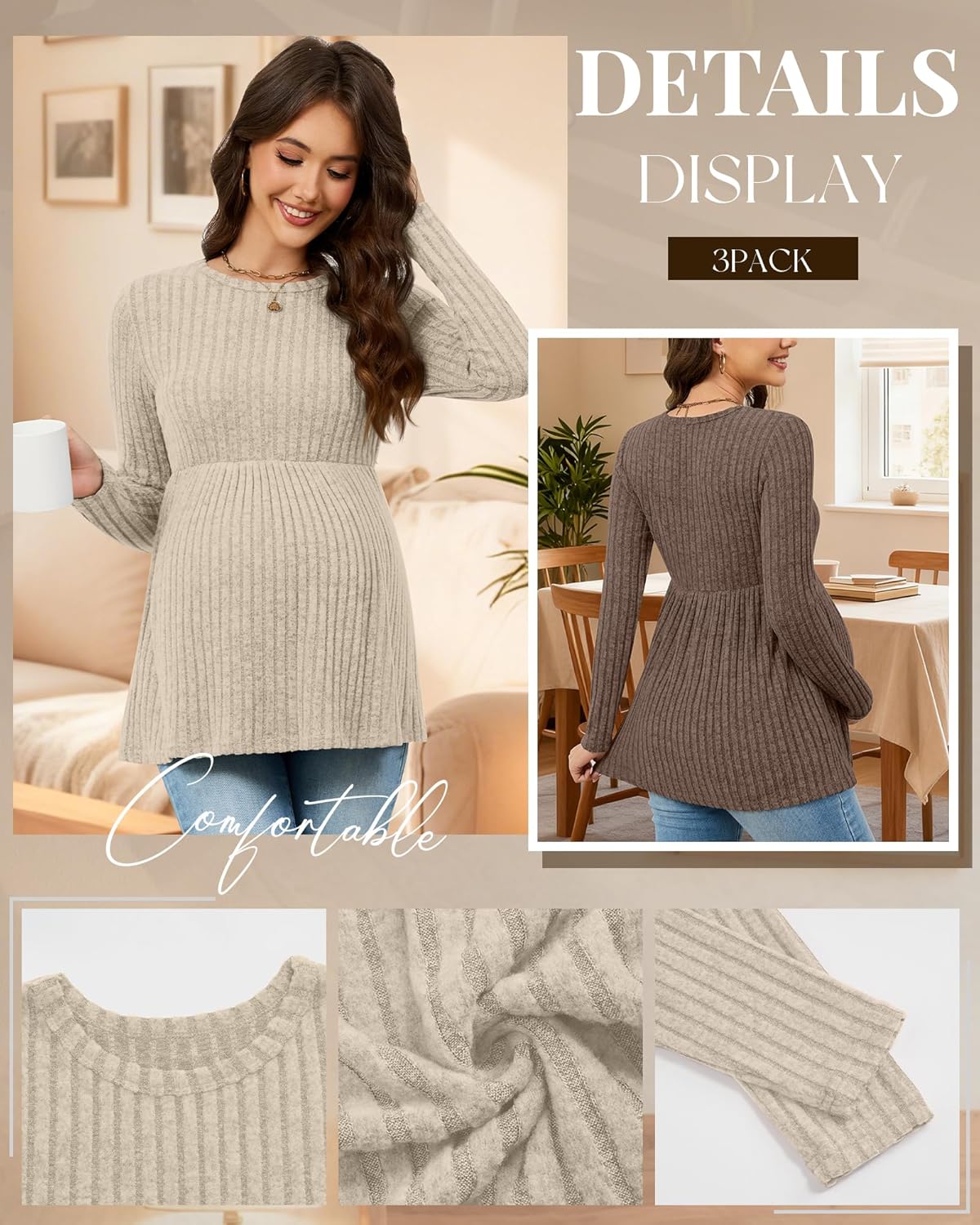 3 Pack Women's Maternity Shirts, Ribbed Long Sleeve Pregnancy Sweaters Tunic Pleated Tops Crew Neck Casual Blouses - Image 5