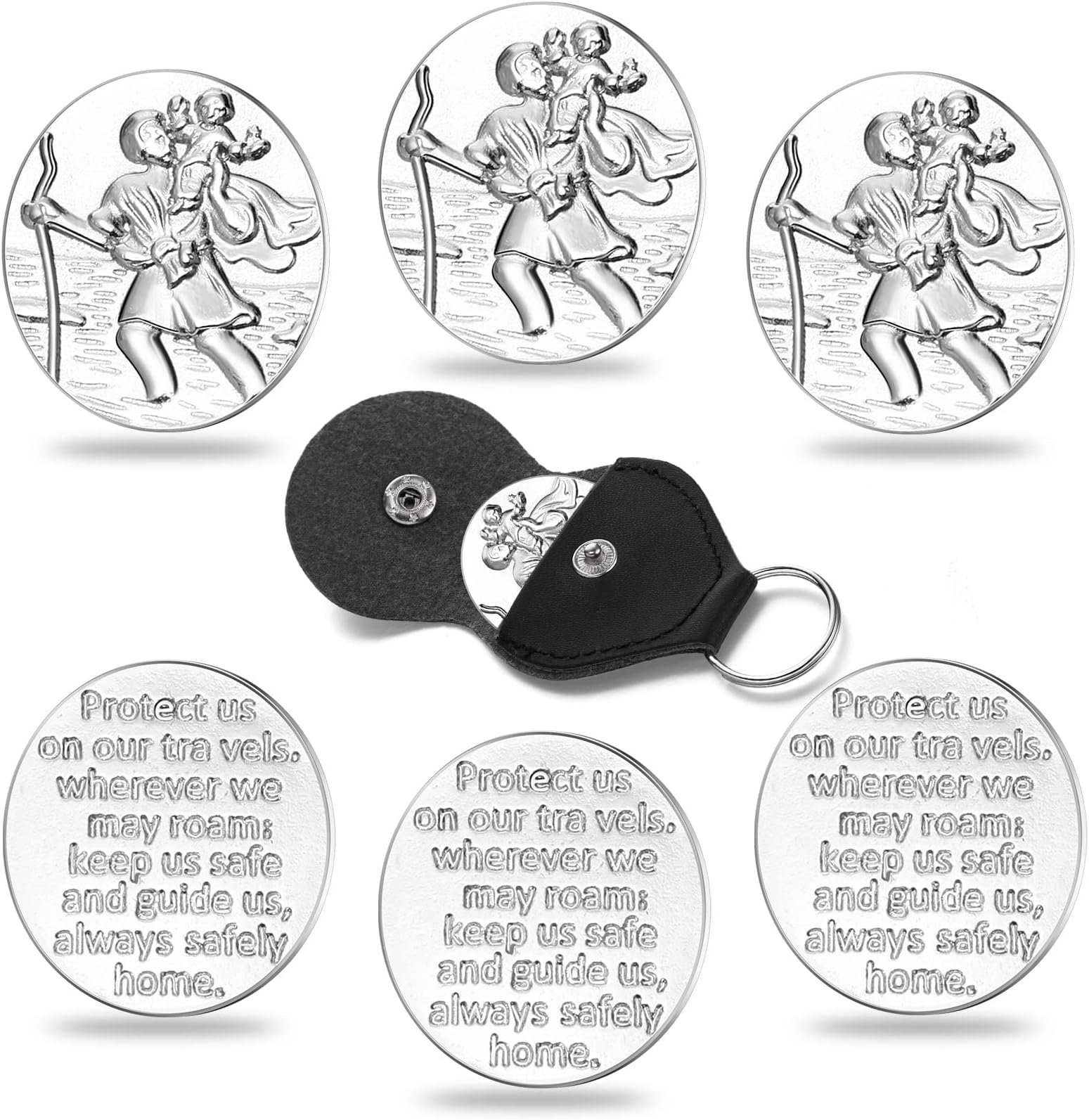 3 Pieces Saint Christopher Sign Pocket Coin Token Keepsake Travel Traveler Protection Protect Catholic Charm Silver Religious Coins with 3 Pieces Black PU Leather Key Chains for Family Friends Prayer
