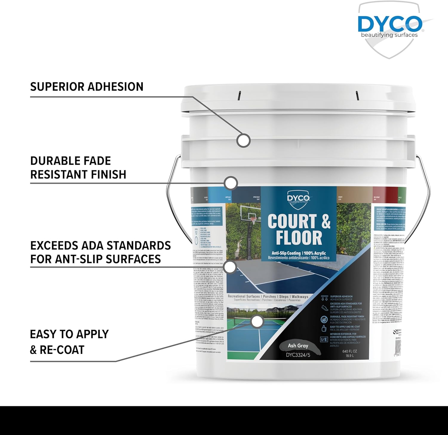 DYCO Court & Floor Anti-Slip Coating - Slip-Resistant Pavement, Cement & Concrete Paint for Pickleball, Tennis & Basketball Courts, Exceeds ADA Standards for Safety Areas (Ash Gray, 5 Gallons)