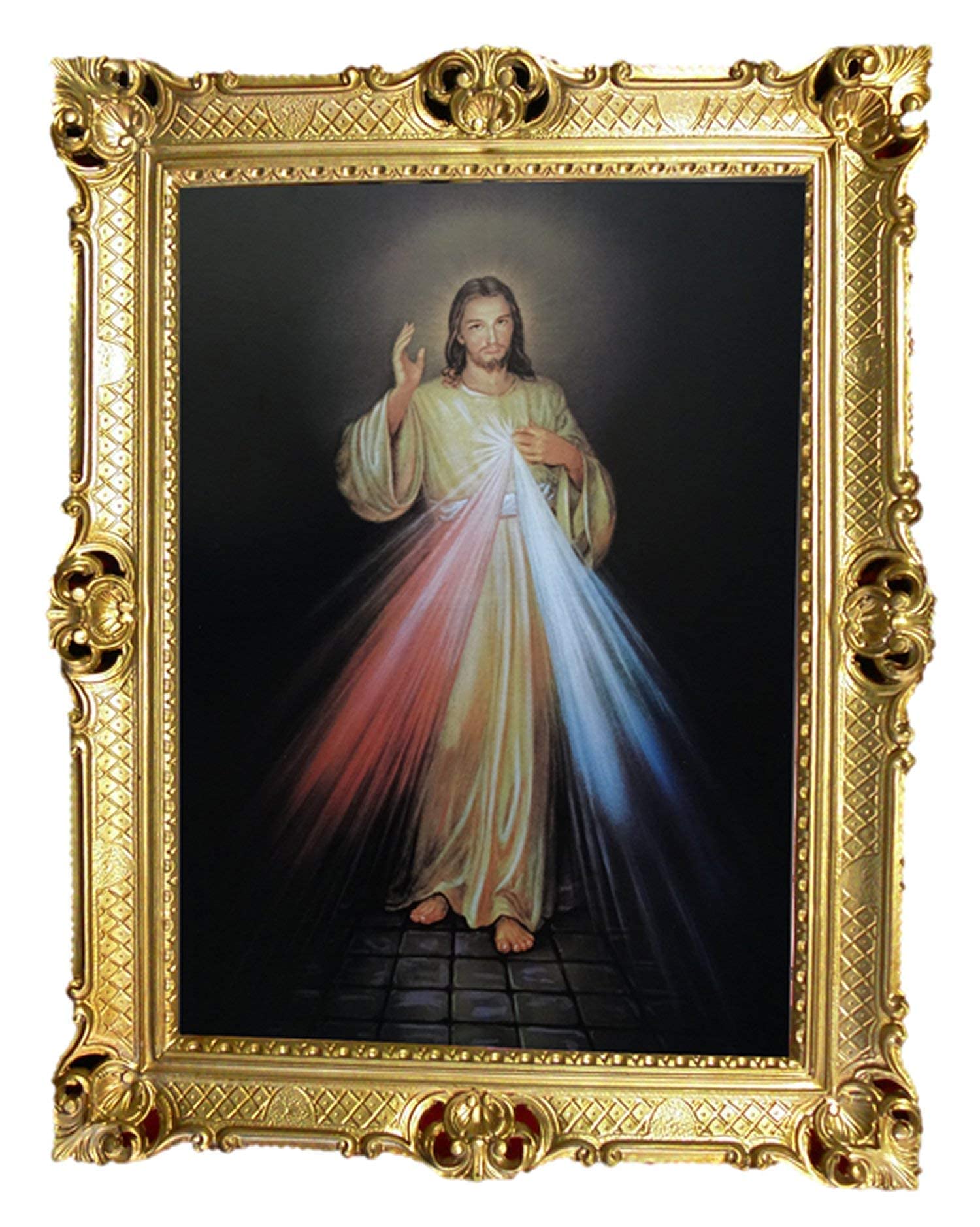 Gnadenbild vom Barmherzigen Jesus Antik Barock Rahmen Barockrahmen mit Bild Wandbild 70x90cm Kunstdrucke Religiöse Bilder Kunst von Heiligen Heiligenbild Retro Repro für Home Büro Praxis Café 58B