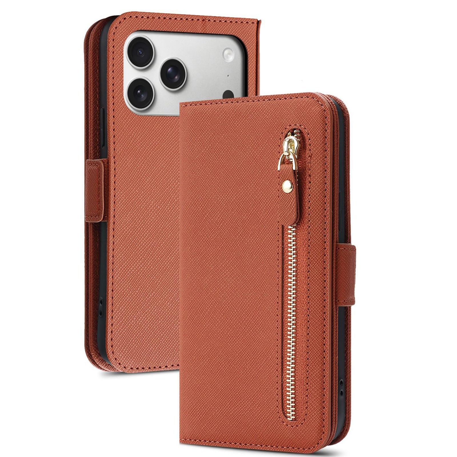 MFAOSHI Crossbody Case for iPhone 17 Pro Max/17 Pro/17 Air/17, Zipper Wallet Flip Leather Cover with Makeup Mirror Kickstand Function Case,Brown,17