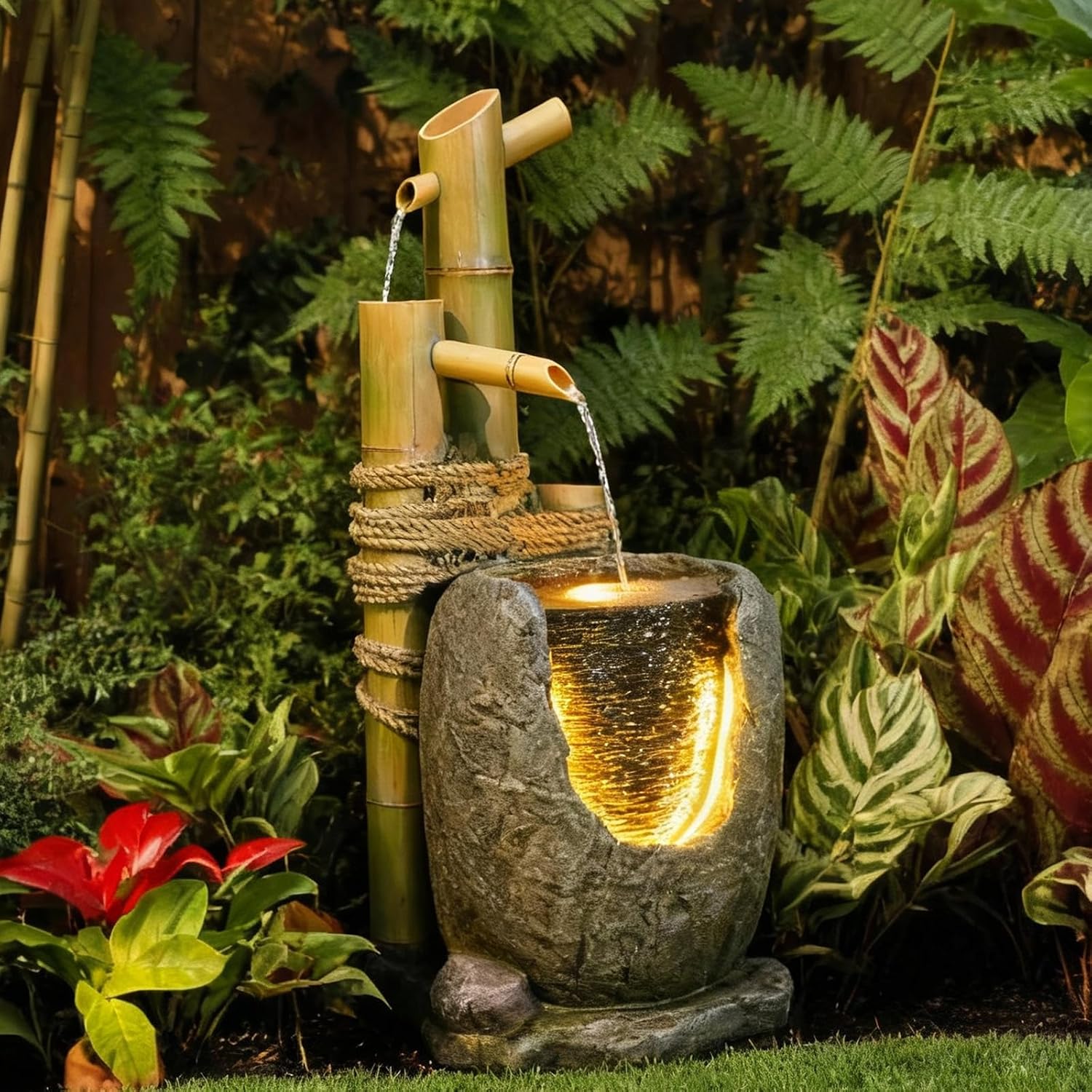 31" H 3 Tiered Bamboo & Imitation Rock Water Fountain - Natural Zen Decor with LED Lights Cascading Waterfall Design for Outside&Indoor - Suitable for Garden/Patio/Yard/Deck/Balcony （Resin）