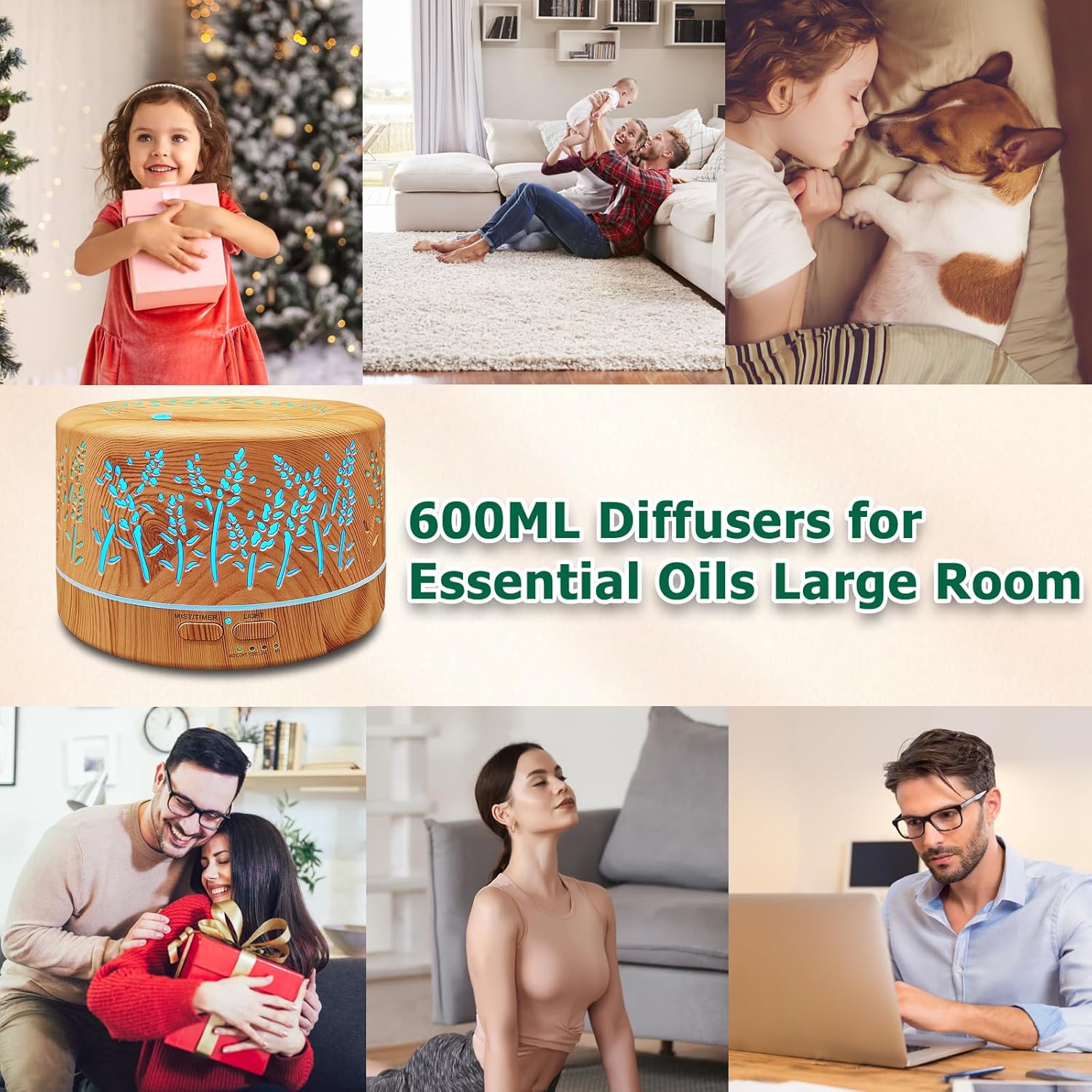 Diffusers for Essential Oils Large Room,600ml Essential Oil Diffusers for Home,Waterless Auto Off 7 Colors Changed 3 Mist Modes,Cool Mist Humidifiers for House Bedroom Decor,Gifts,Light Wood - Image 6