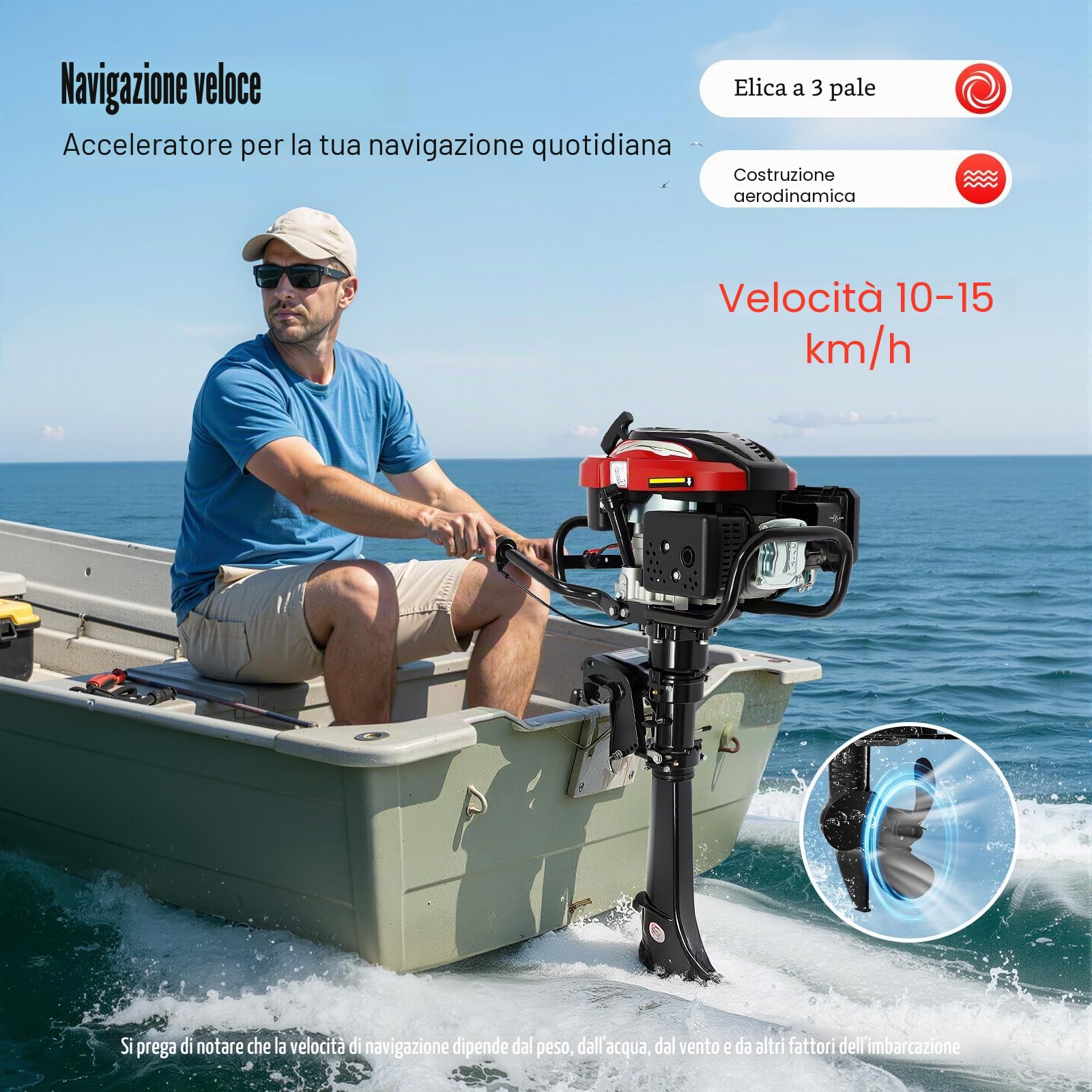 Motore Fuoribordo 4 Tempi 7HP 196CC con Avviamento Manuale per Barche Pneumatiche e Lame di Fibra, 4500-6000 giri/min, Raffreddamento ad Aria per Pesca e Tempo Libero