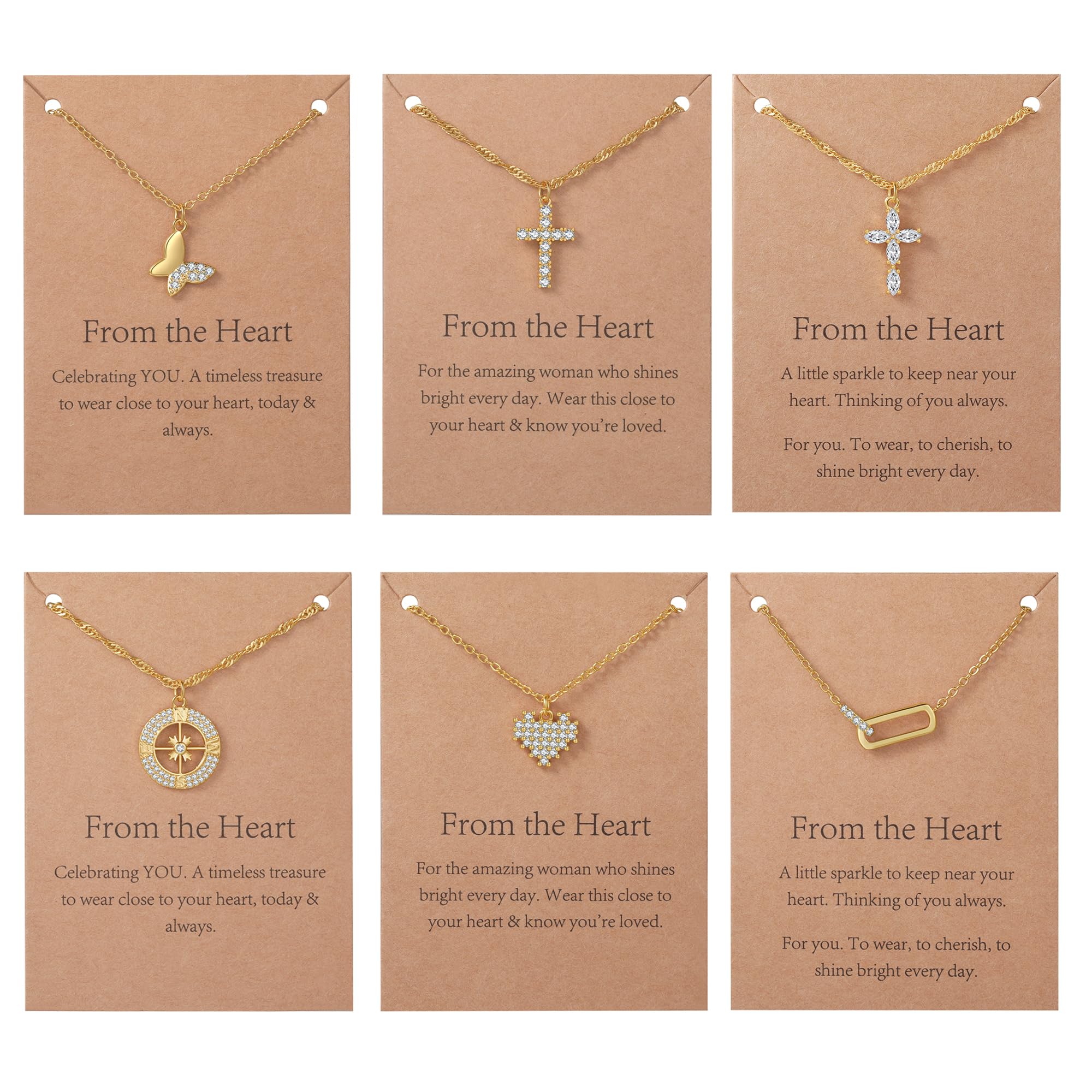 Gold Necklaces Set for Women, 6 Pack Gold Plated Pendant Necklaces with Message Card, Cross Heart Butterfly Necklace for Friend Friendship Party Jewelry Gift