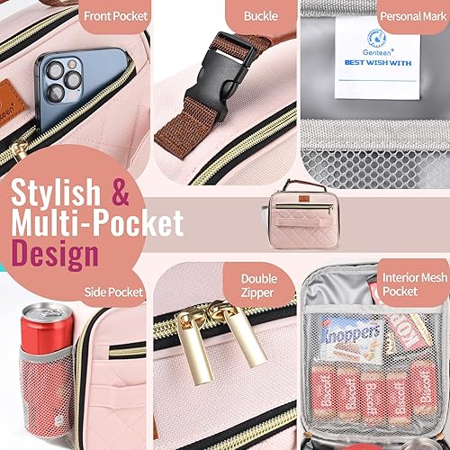 Miniatura 5 de Genteen Lonchera para mujeres, adultos y niñas, lonchera aislada reutilizable, cierre de cremallera y asa de hebilla, enfriador portátil para el