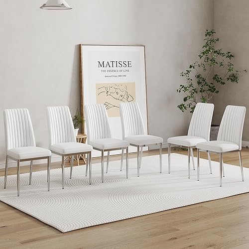 Sillas de Comedor - Juego de 4 sillas de cuero blanco con respaldo alto para comedor, cocina, sala de estar (WH-4)