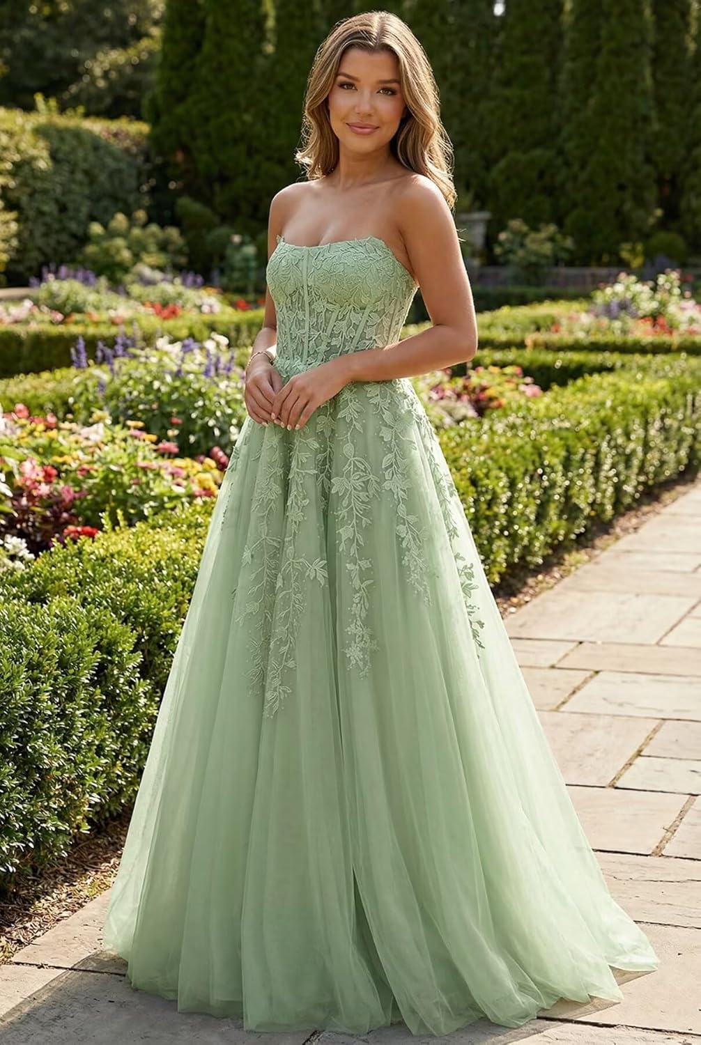 Lace Tulle Prom Dresses for Women 2026 Corset Strapless Formal Dresses Evening Long Ball Gown