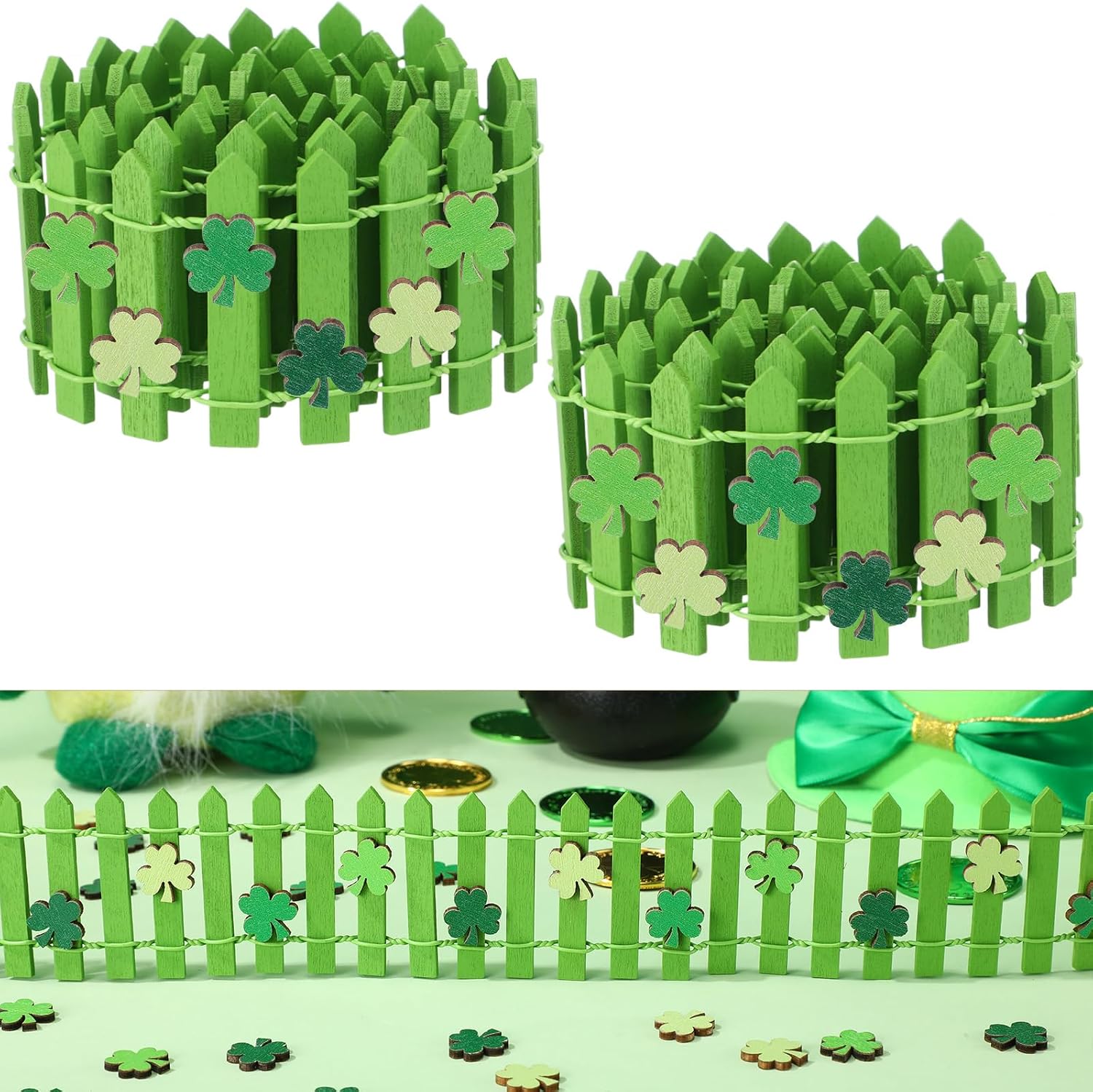 Novabright 104 Pcs Easter Decor DIY Miniature Fence Decoration with 35 Inches Green Wood Picket Fence 100 Wooden Egg and Glue Spring Decorations for Home DIY Mini Egg Garden Table Centerpiece