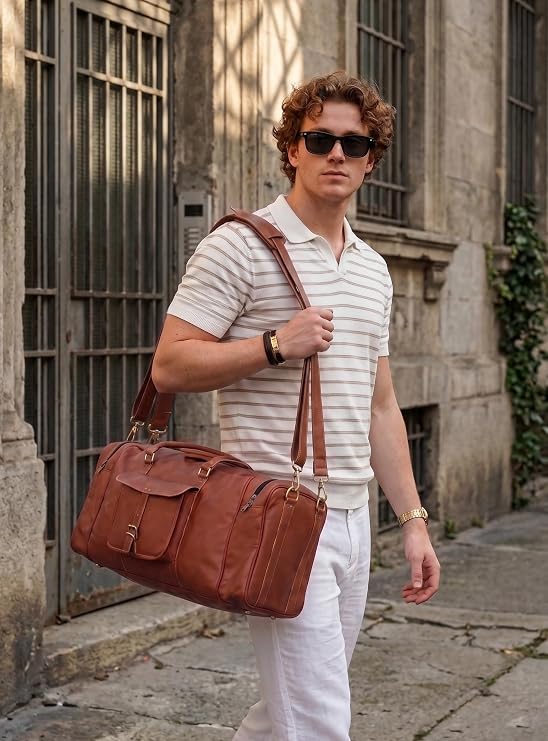 KK's Vintage Leather Duffel Bag, Handcrafted, Stylish & Durable, Ideal for Gym, Travel, Genuine Leather Travel Bag, Brass Rivets & Zippers Size 28(L),12(D), 11(H) Inch