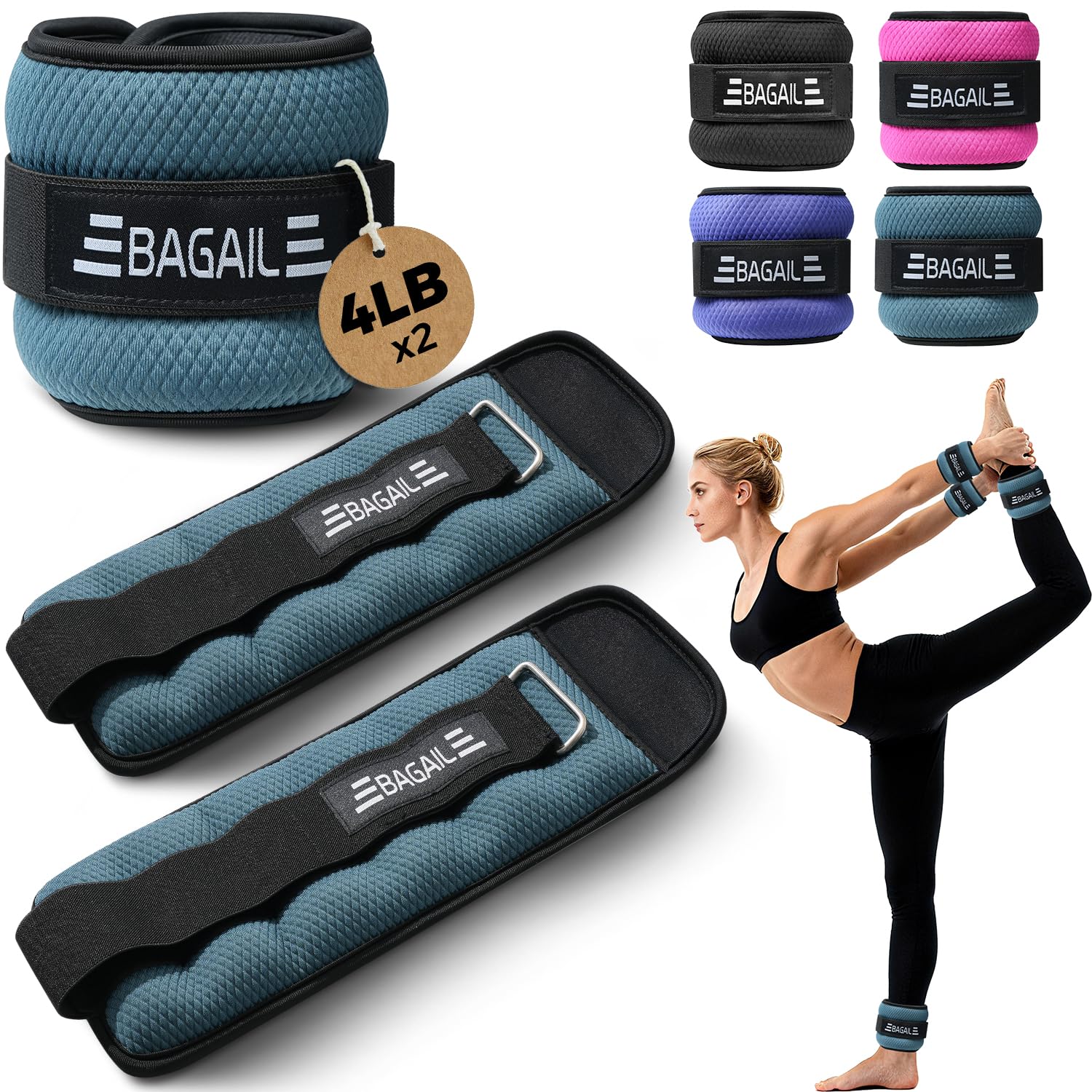 BAGAIL Ankle and Wrist Weights Set (1.81kg x 2) - Arm & Leg Weights for Men and Women - Adjustable Size, Secure Fit and Sleek Design for Walking, Running, Home Workouts & Physical Therapy - Blue