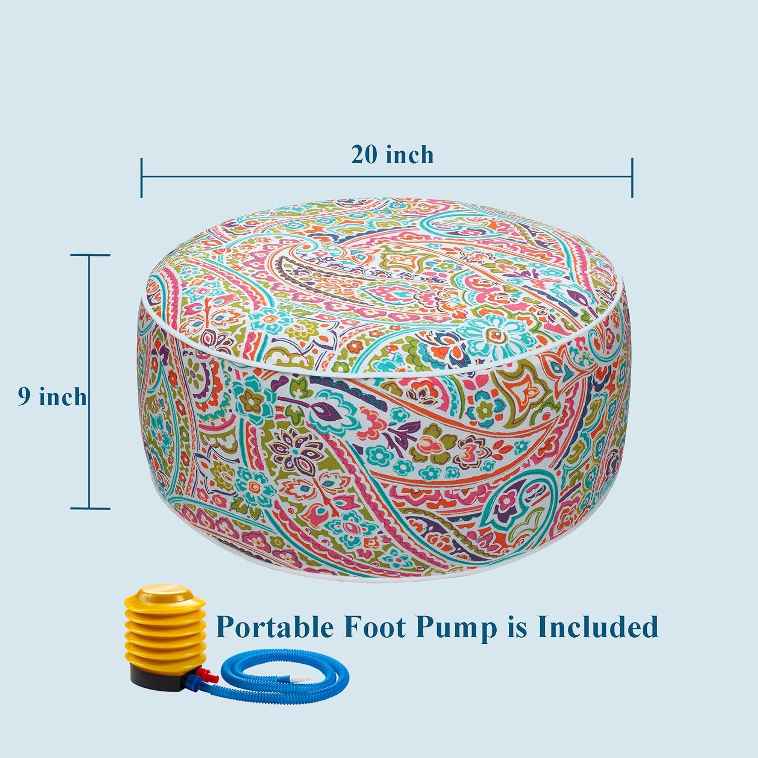 FUNHOME Inflatable Stool Ottoman Footrest with Handle, All Weather Footrest Seat with Foot Pump D20 xH9, Water Repellent Footstool Pouf for Home Patio Garden and Camping Use-Melora Paisley