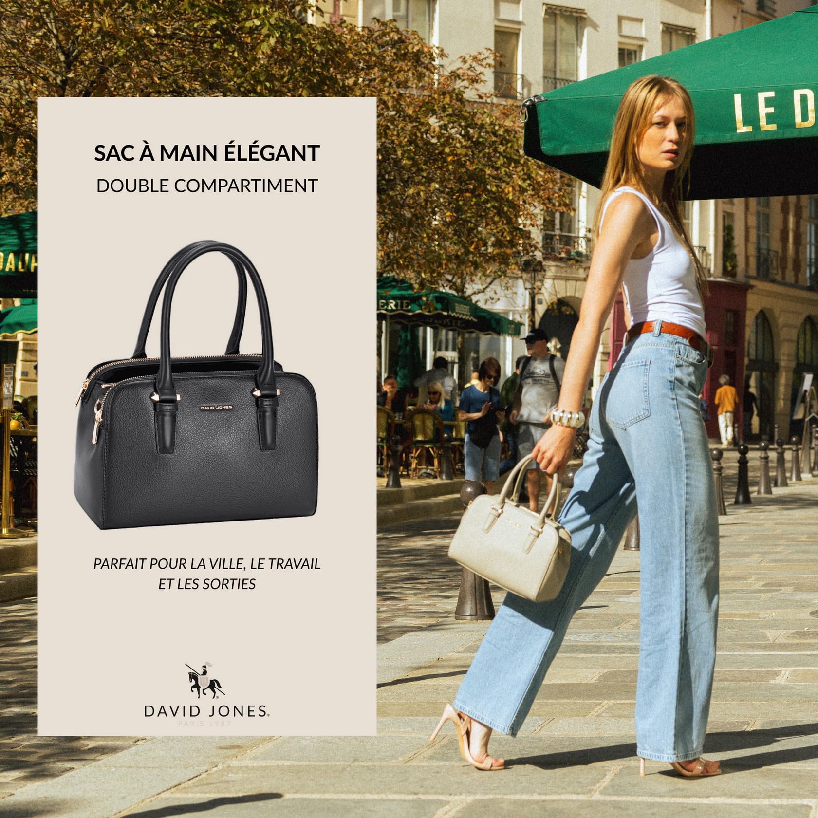 David Jones - Bolso de mano para mujer, piel sintética, tamaño mediano, 2 compartimentos, varios bolsillos, práctica elegante, elegante