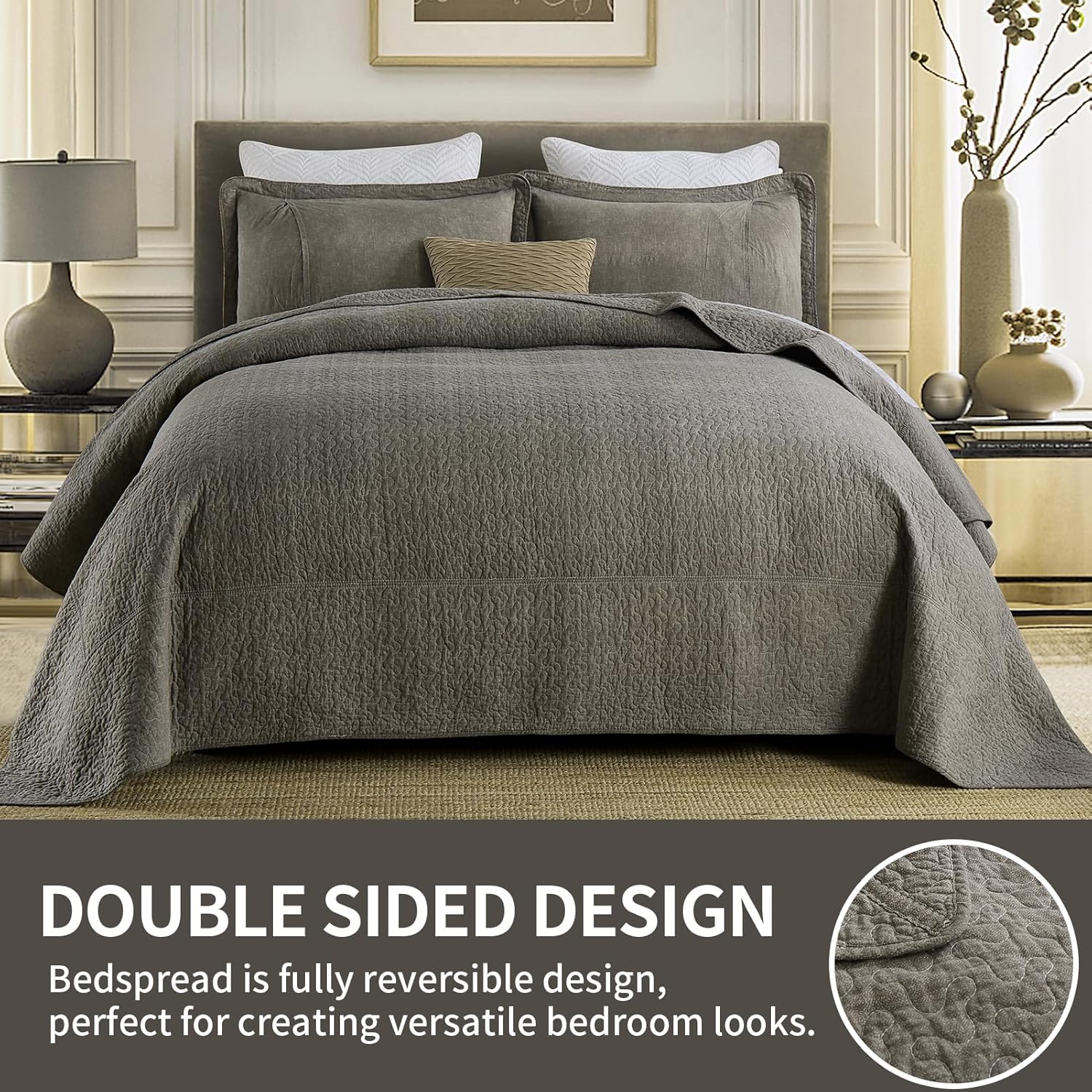 SahSahCasa 100% Cotton 128"x120" Bedspread, Oversized California King XL Bedspread Coverlet Quilt Set, Cal King Quilted Bedspread Extra Large Farmhouse Bedding Set Lightweight Comforter, Taupe/Gray