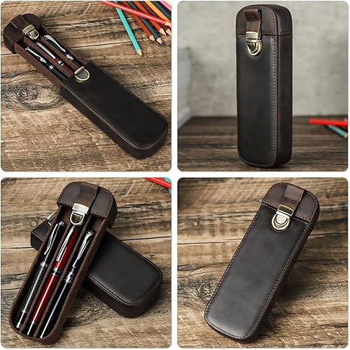 Vista 43 de Top Grain - Estuche organizador de cuero genuino para 12 bolígrafos y lápices, diseño minimalista sólido, hecho a mano, cierre magnético con cajón