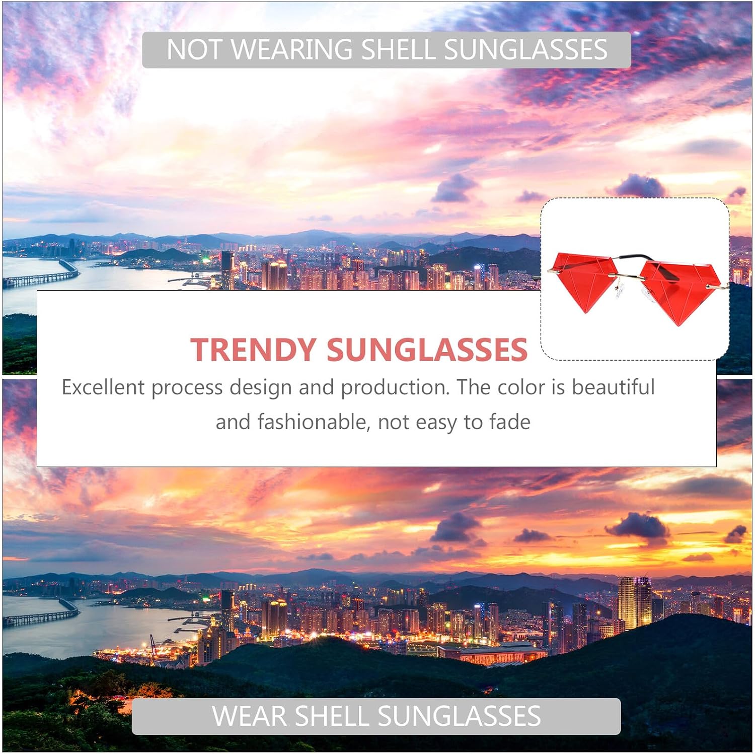 Rimless Sunglasses Women Frameless Eyeglasses Red Lens Gold Frame Disco Party Sunglasses 90s Style Beach Festival Eyewear