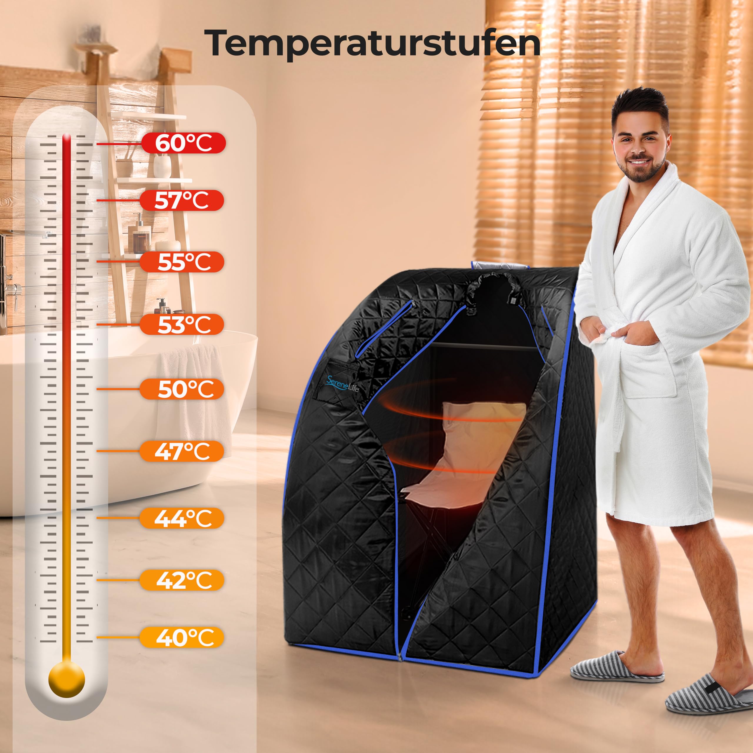 SereneLife Dampfsauna Zelt Schwarz 84×80×103 cm – Tragbare Heimsauna mit Stuhl und Heizmatte Faltbare Mini Sauna - Mobile Dampfbad Kabine bis 60 °C, Carbon-Heizelement und Fernbedienung