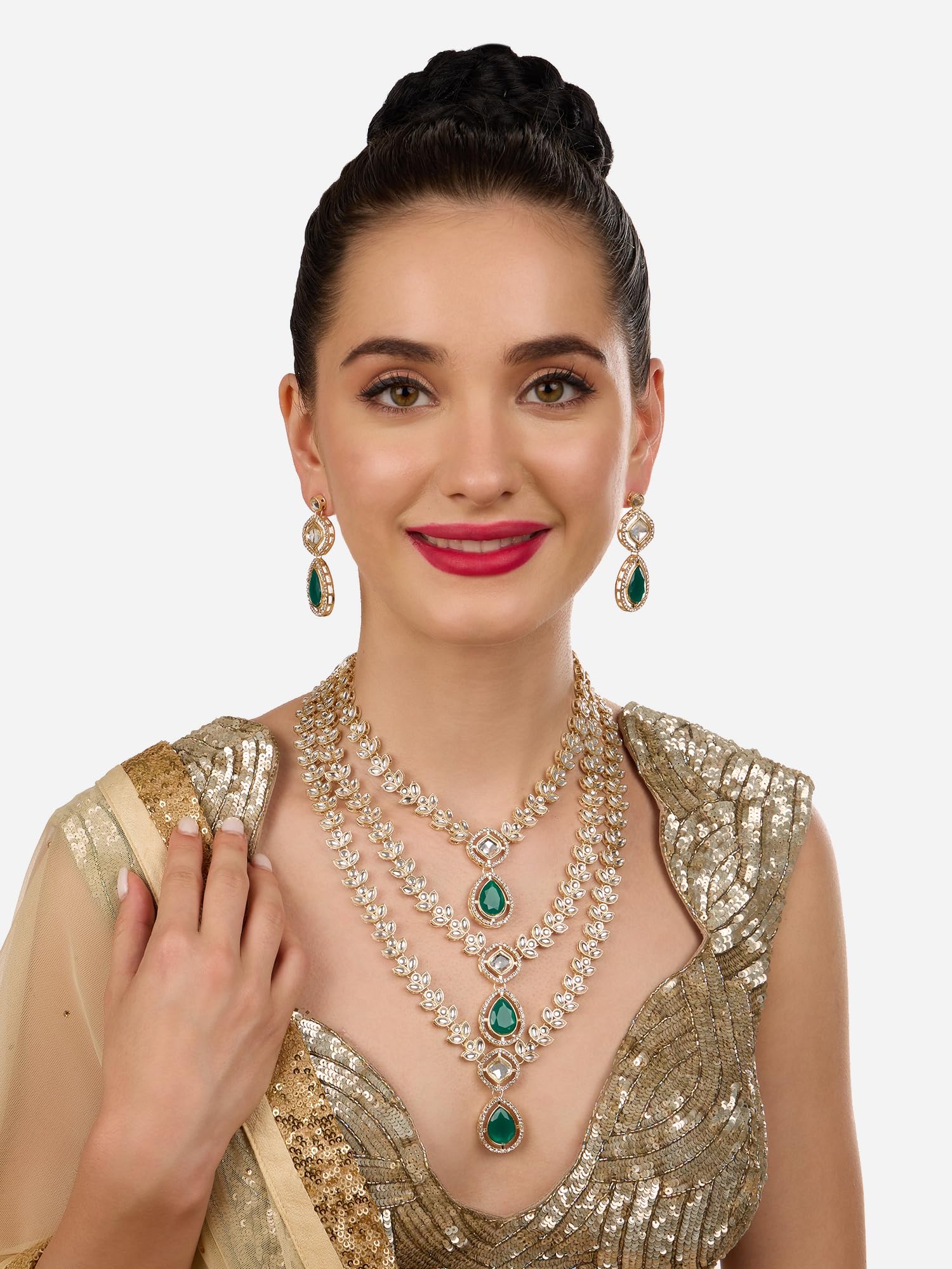 ZAVERI PEARLS Green Dazzling Stones Austrian Diamonds Embellished Layered Necklace & Earring Set For Women-ZPFK18891 4