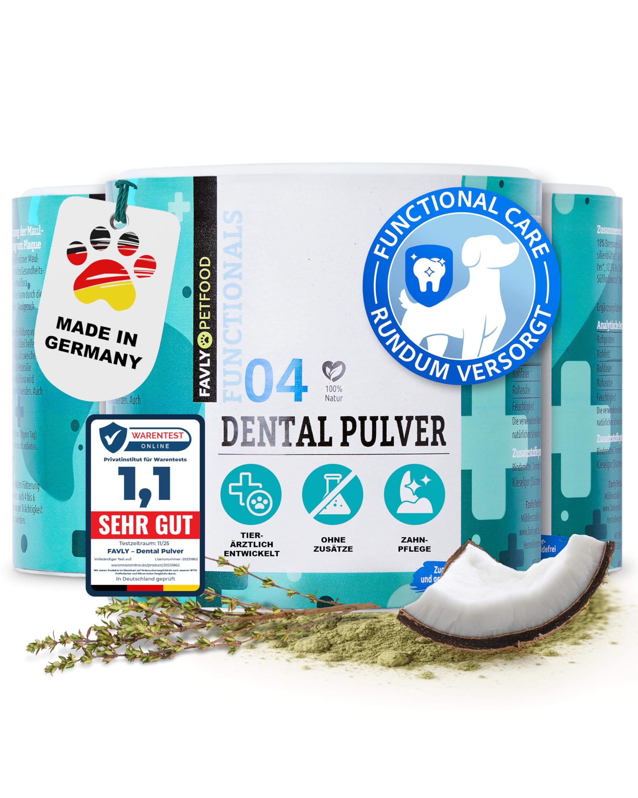 FAVLY – DENTAL Zahnpflege Pulver für Hunde 3x250g Set – Ergänzungsfuttermittel Zahnpulver Topping Hund gegen Maulgeruch & Zahnbelag – mit Bio-Chlorella & Salbei – ohne Getreide & Zusätze