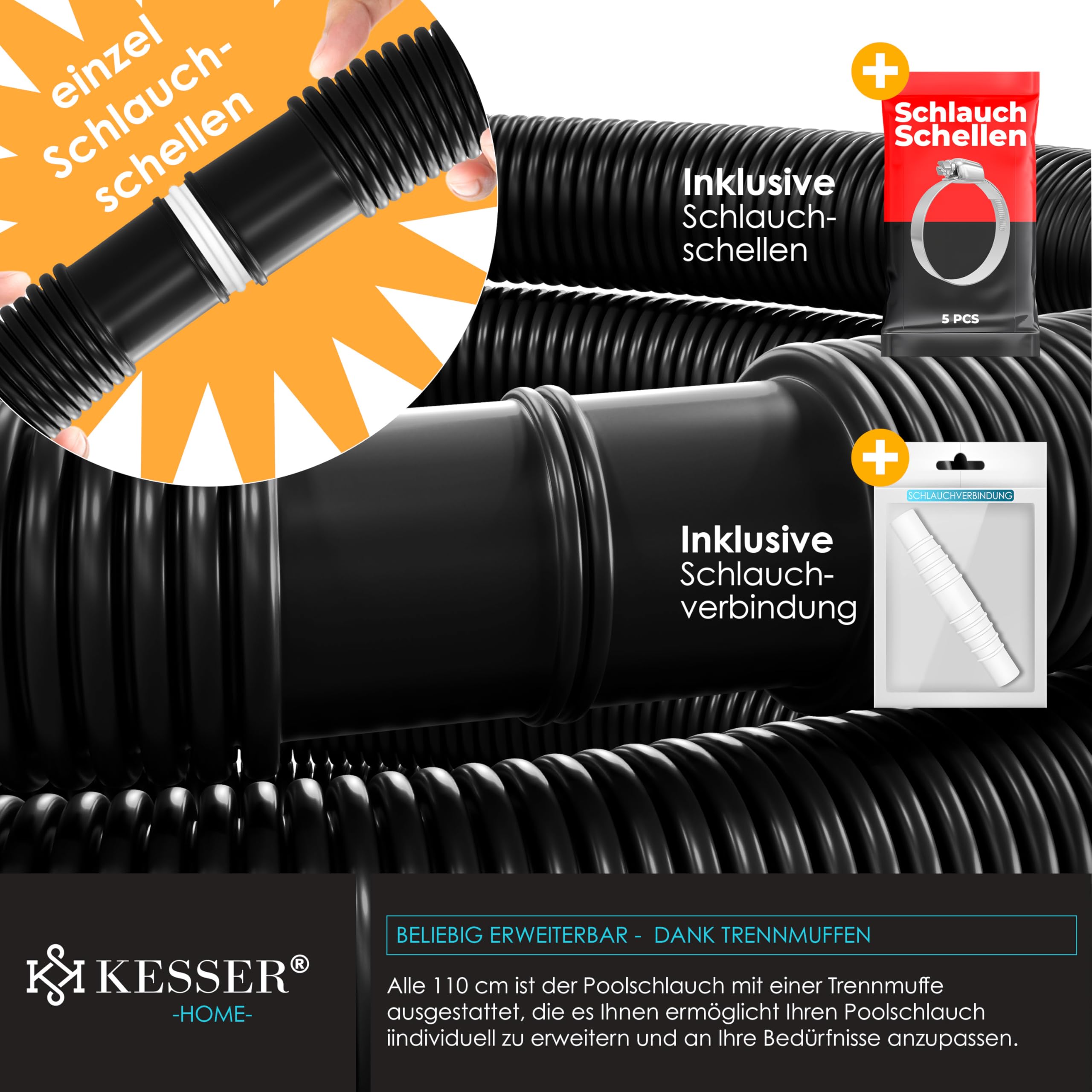 KESSER® Tuyau de bassin | Tuyau de piscine avec manchons | Tuyau solaire pour piscine et bassin | Tuyau d'aspiration | Tuyau de pompe | Tuyau d'eau flexible 8m / Ø 38mm, noir