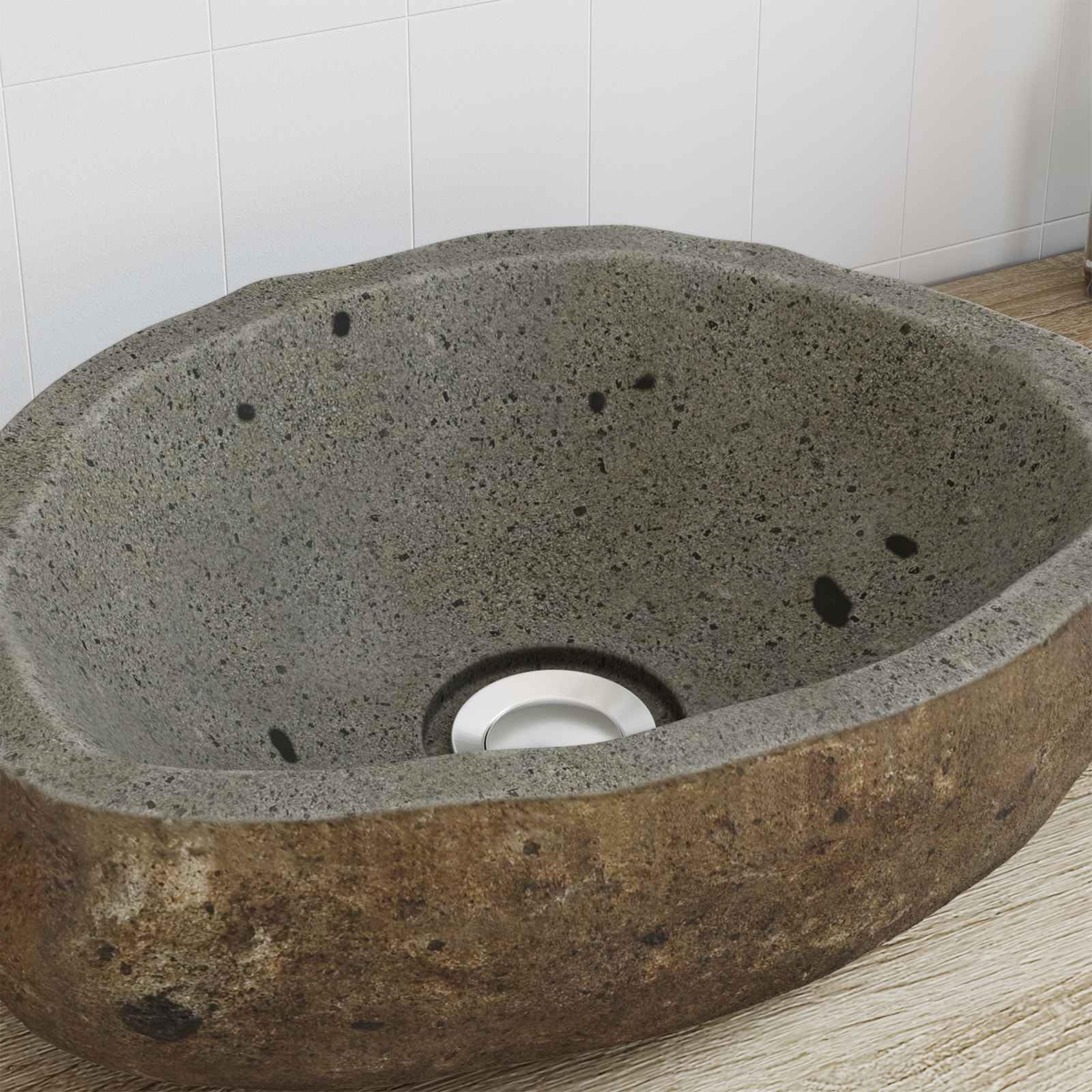 Lavabo in pietra di fiume, grigio chiaro, 30-37 cm x 25-30 cm x 12 cm, per bagno, lavandino a parete, salvaspazio, facile da pulire, con foro di scarico preforato, adatto per ristrutturazione