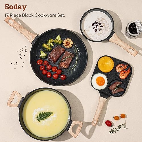 Miniatura 8 de Juego de 17 ollas y sartenes antiadherentes, utensilios de cocina de inducción antiadherentes, herramientas de cocina de granito negro no tóxico con