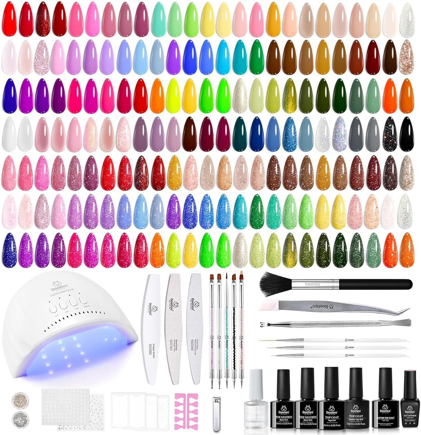 Beetles Gel Nail Polish Kit with U V Light, 100 Colors Gel Polish 133 Pcs Nail Stuff Kit for All Seasons with Base and Matte&Glossy Top Coat Infinite Inspirations Soak Off Gifts for Women