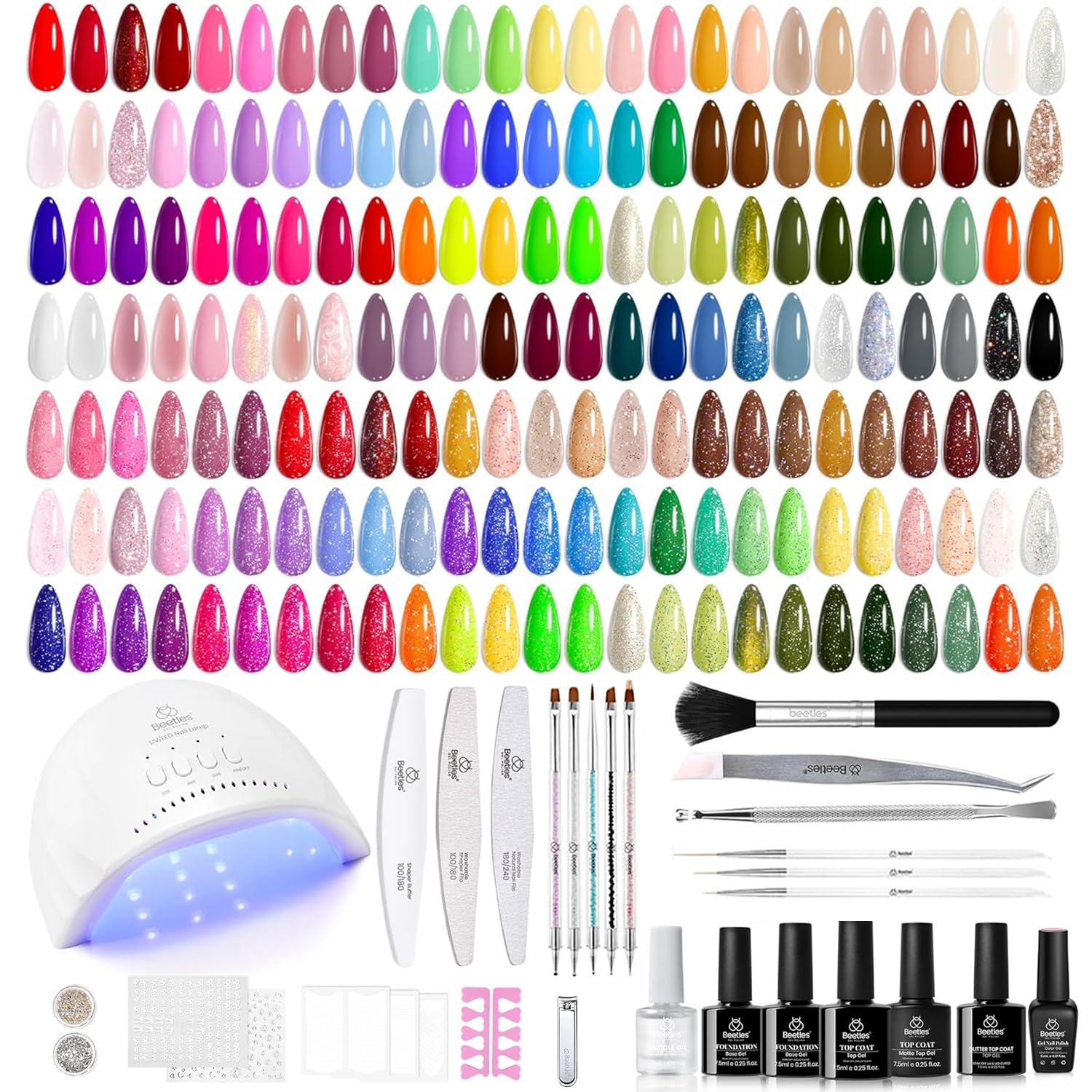 Beetles Gel Nail Polish Kit with U V Light, 100 Colors Gel Polish 133 Pcs Nail Stuff Kit for All Seasons with Base and Matte&Glossy Top Coat Infinite Inspirations Soak Off Gifts for Women Girls Teen