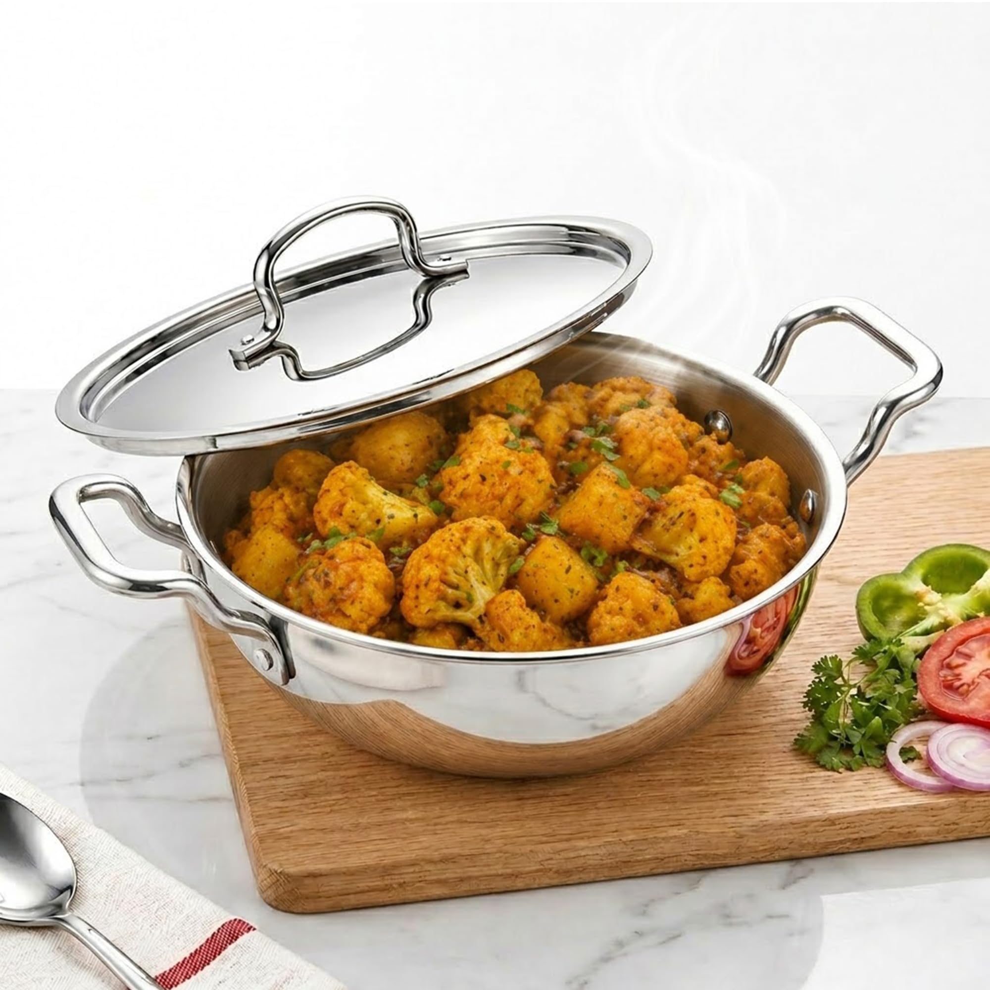 SOLARA Triply Stainless Steel Kadai with SS Lid 30 cm, Tri Ply SS Kadhai, Heavy Bottom Induction Base Cookware, Stainless Steel Cooking Pot for Frying, Sauteing, Curry