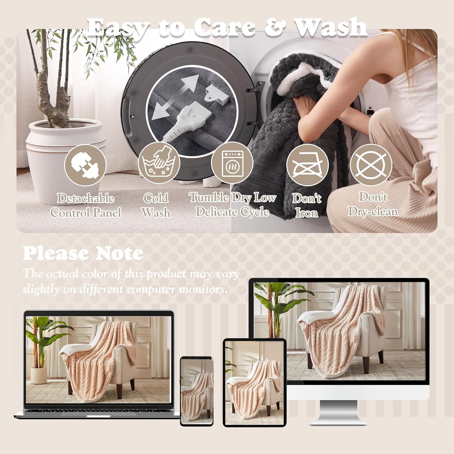 Tufted Heated Blanket Throw Size - Fast Warming with 6 Heat Settings & 4 Hours Auto-Off, Electric Throw Blanket for Couch, 50"x60", Beige - Image 7