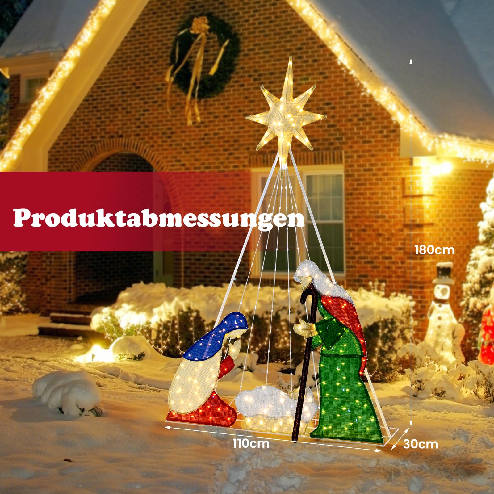 COSTWAY Krippe Weihnachten, 180 cm große Weihnachtskrippe mit 240 warmweißenLED-Lichtern, beleuchtete Weihnachtsdeko Krippenszene, Weihnachtsdekoration, Weihnachtsbeleuchtung für außen, innen